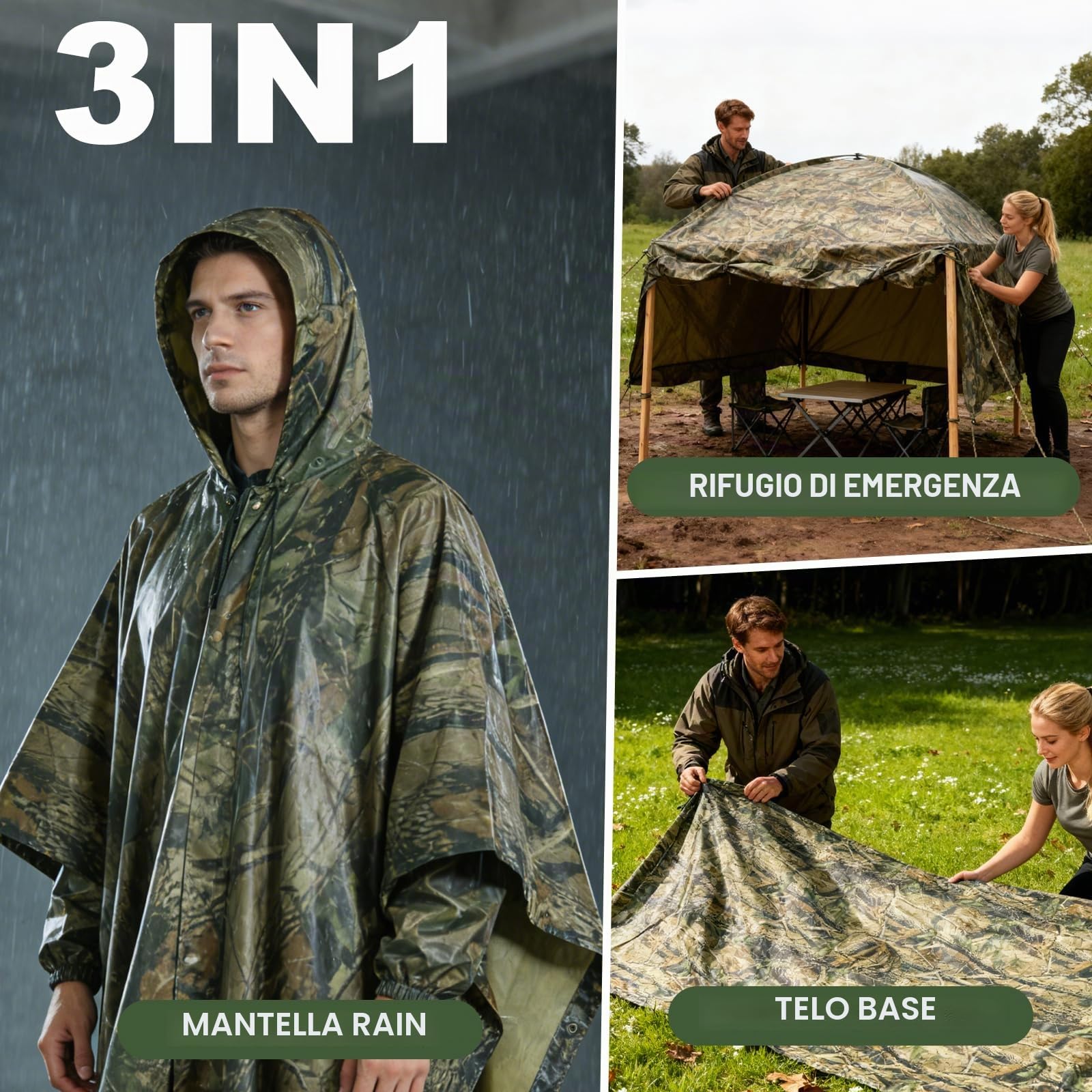 Poncho Impermeabile con Cappuccio, Mantella Antipioggia Impermeabile Uomo Donna, Poncho Antipioggia 3-in-1 Multifunzionale Riutilizzabile