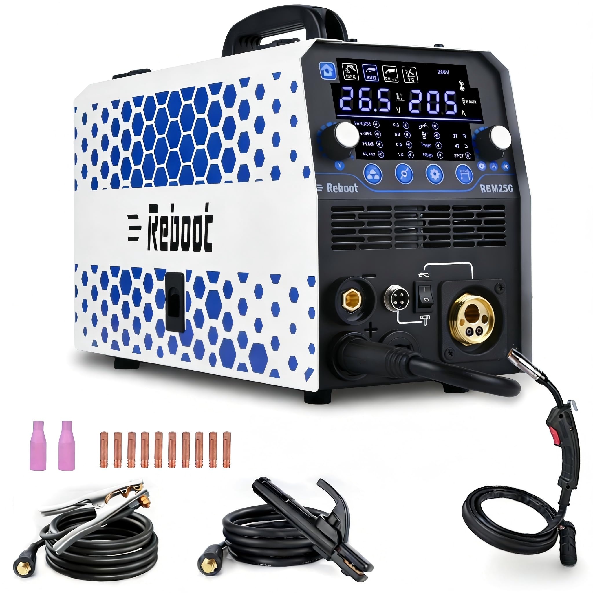 REBOOT 7-in-1 Multi-Process Welder 205A – MIG/MAG Gas/Gasless, MMA, Lift-TIG, Spot Welder, Alu-Ready – Digital Display, 240V – for DIY, Workshop
