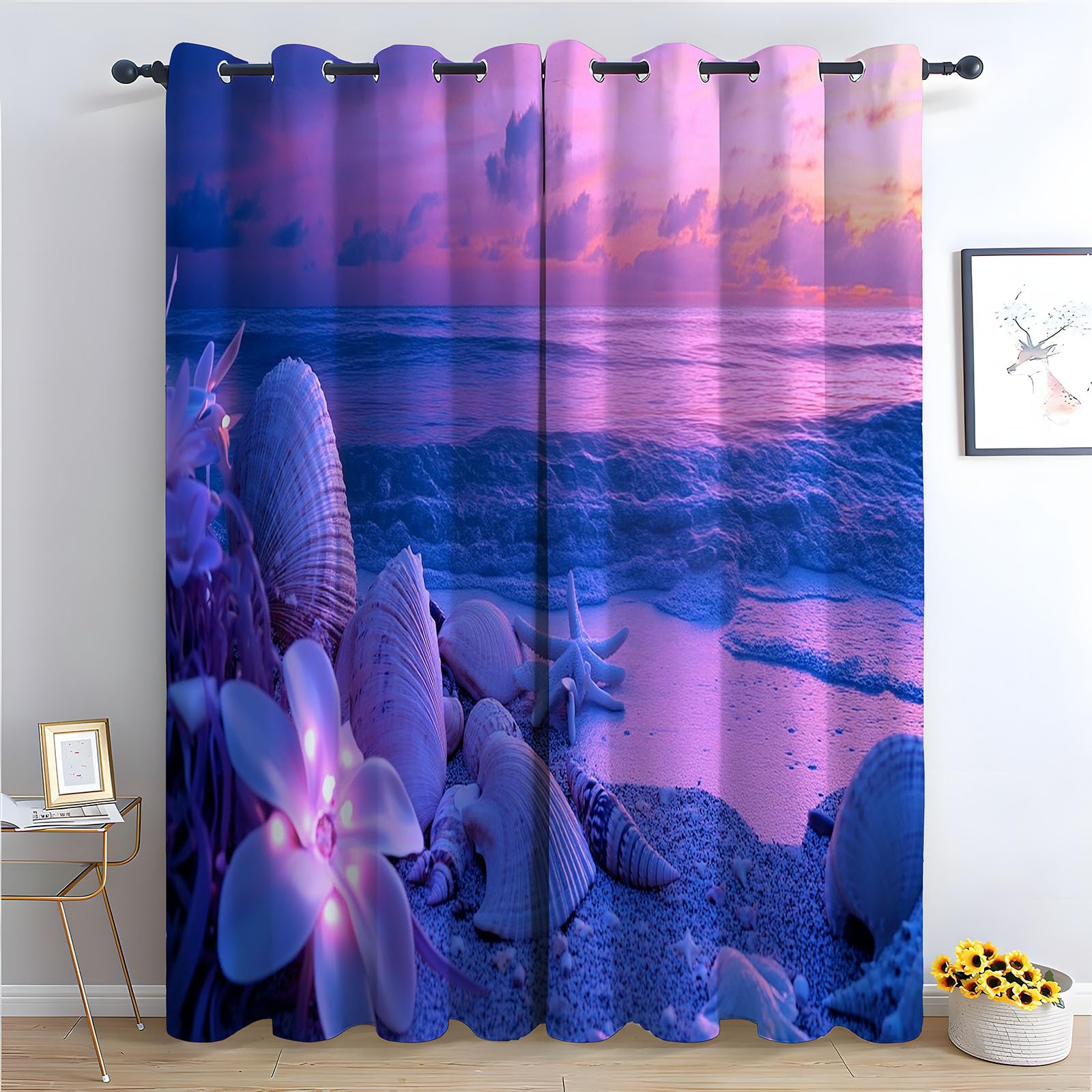 WIKEO Floral Blackout Curtains Beach Graffiti Flower pattern for Living Room Bedroom Eyelet Curtain,Botanical Thermal Insulated Noise Reducing Drapes Sets 2 Panels-52 W x 96" L (Pack of 2)
