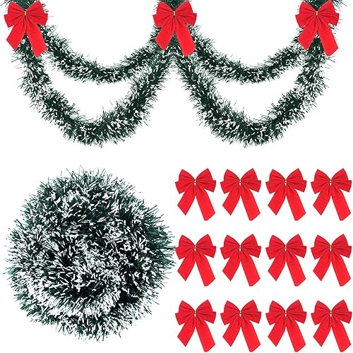 FEPITO Guirnalda de pino de Navidad artificial de 39.4 ft39 pies, decoración de Navidad con 24 lazos de corona de Navidad rojos navideños, guirnalda