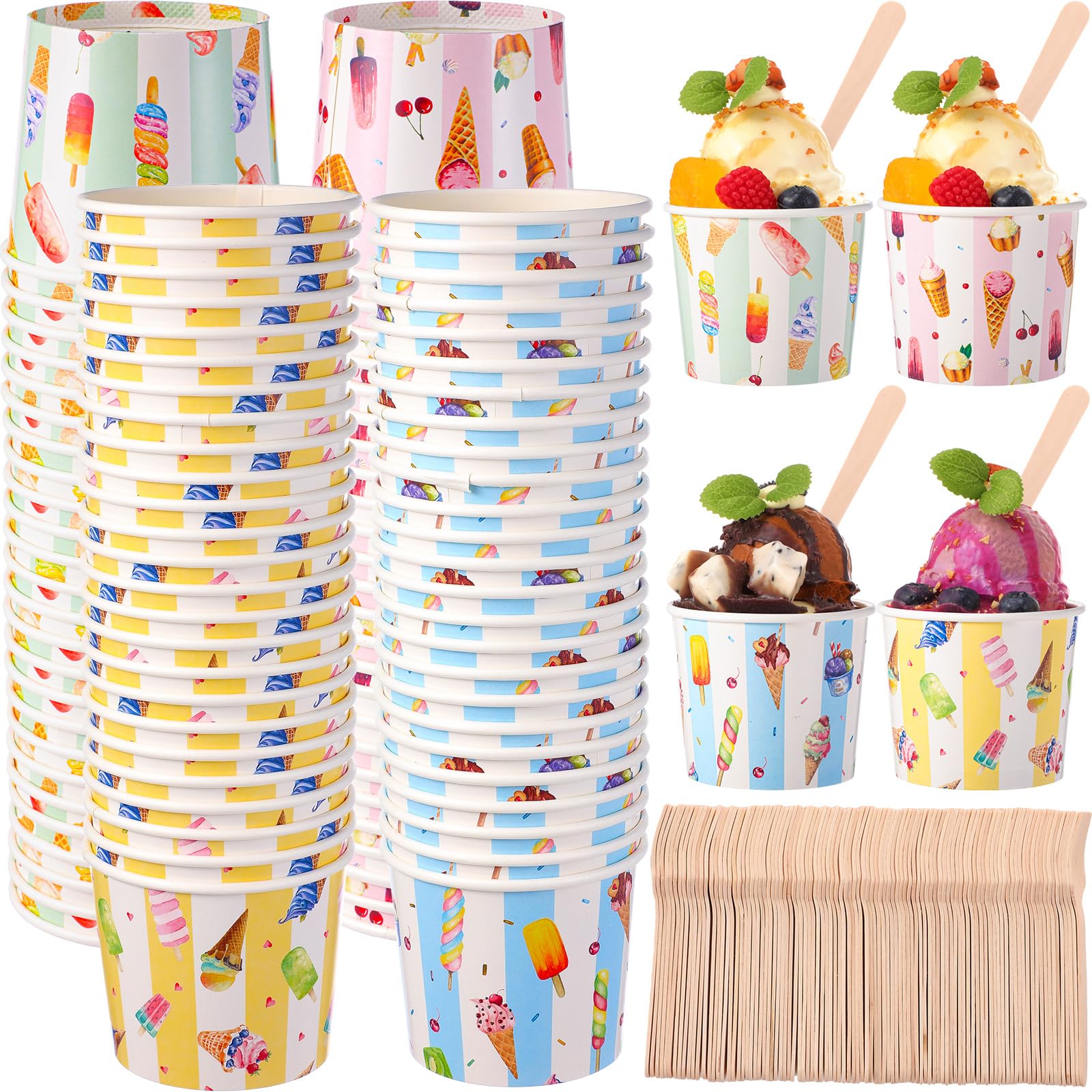 Juego de 100 tazas de helado de 6 onzas a granel con cucharas, cuencos desechables de postre coloridos para alimentos calientes o fríos, recipientes de Sundae, suministros de fiesta para