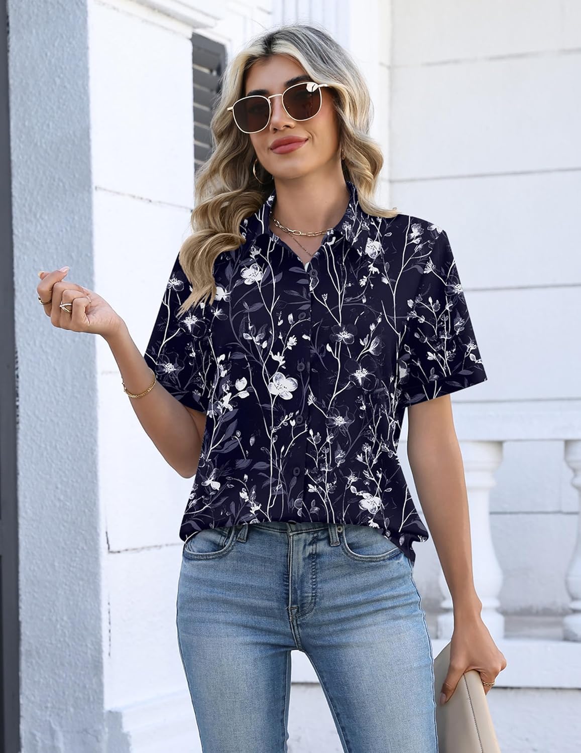 Zeagoo Womens Button Down Blouse Rolled Cuffed Short Sleeve Shirts Casual Work Blouse Summer Hawaiian Outfits - Image 4