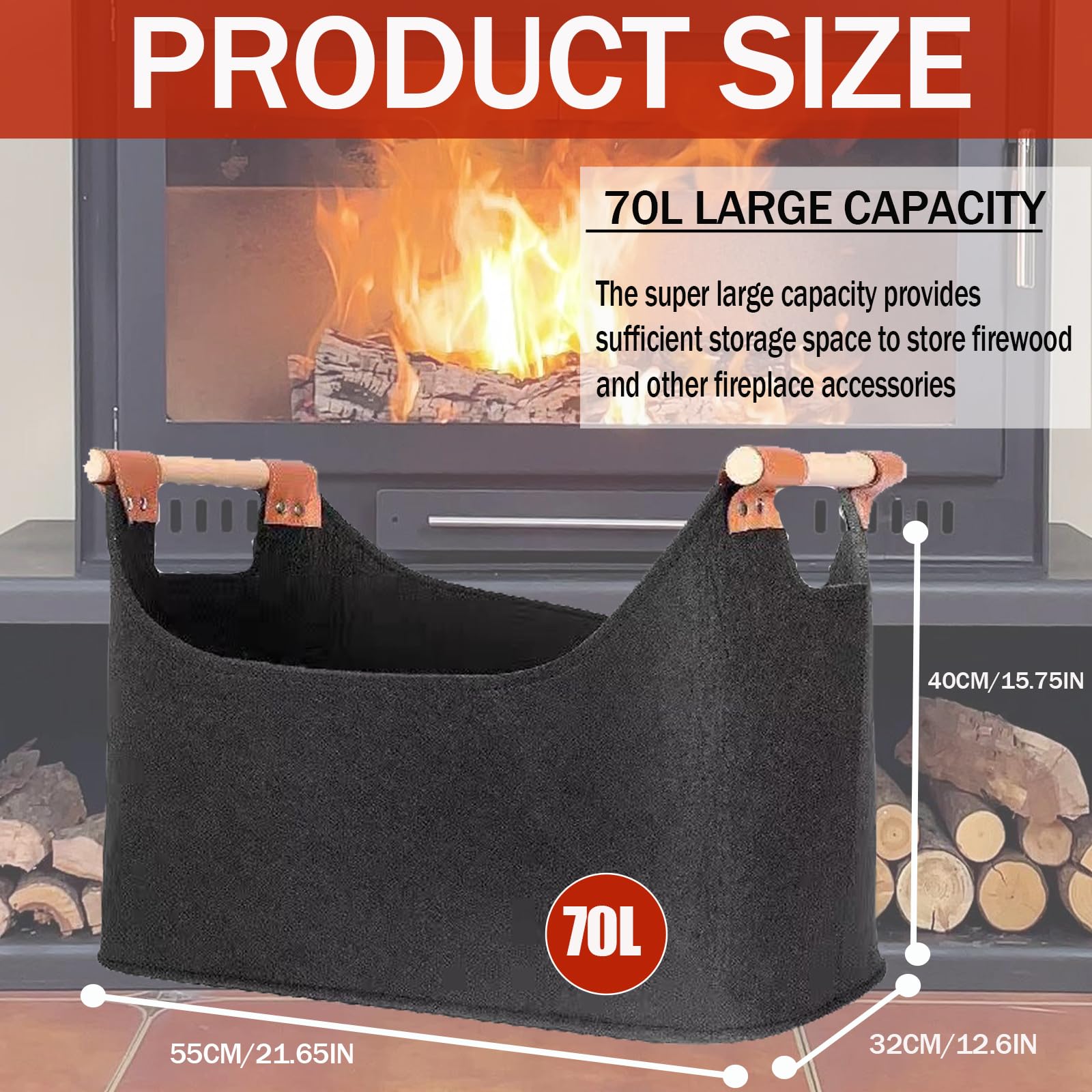 Panier à bûches XXL 70L Feutre Pliable Sac à Bois pour Cheminée 55 x 32 x 40 cm Gris Foncé
