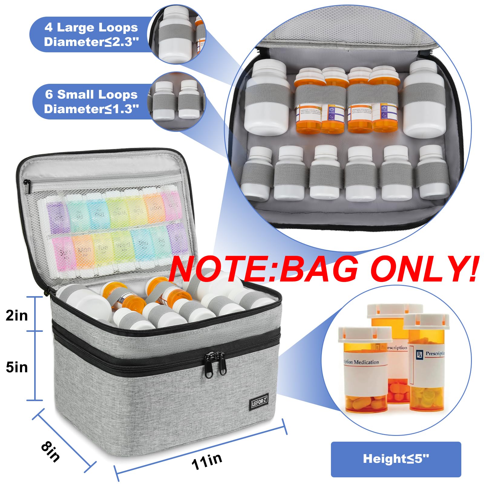 LEFOR·Z Sac de rangement pour médicaments, double couche, sac de rangement vide avec fermeture éclair verrouillable et séparateur réglable, sac de transport de médicaments pour pilules, vitamines,