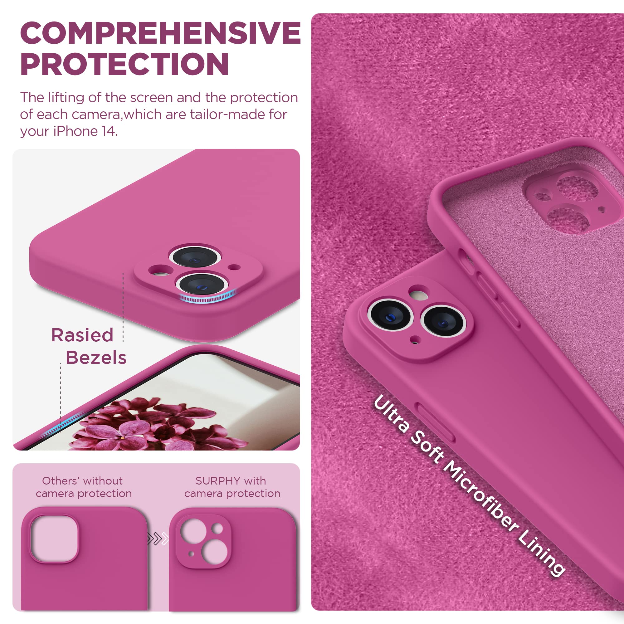 SURPHY Silicone Cover per iPhone 14 6.1 Pollici, con 2 Vetro Temperato, Custodia Antiurto per iPhone 14, con Protezione per Ogni Lente Full Body Protettiva Case per iPhone 14 2022, Rosa caldo