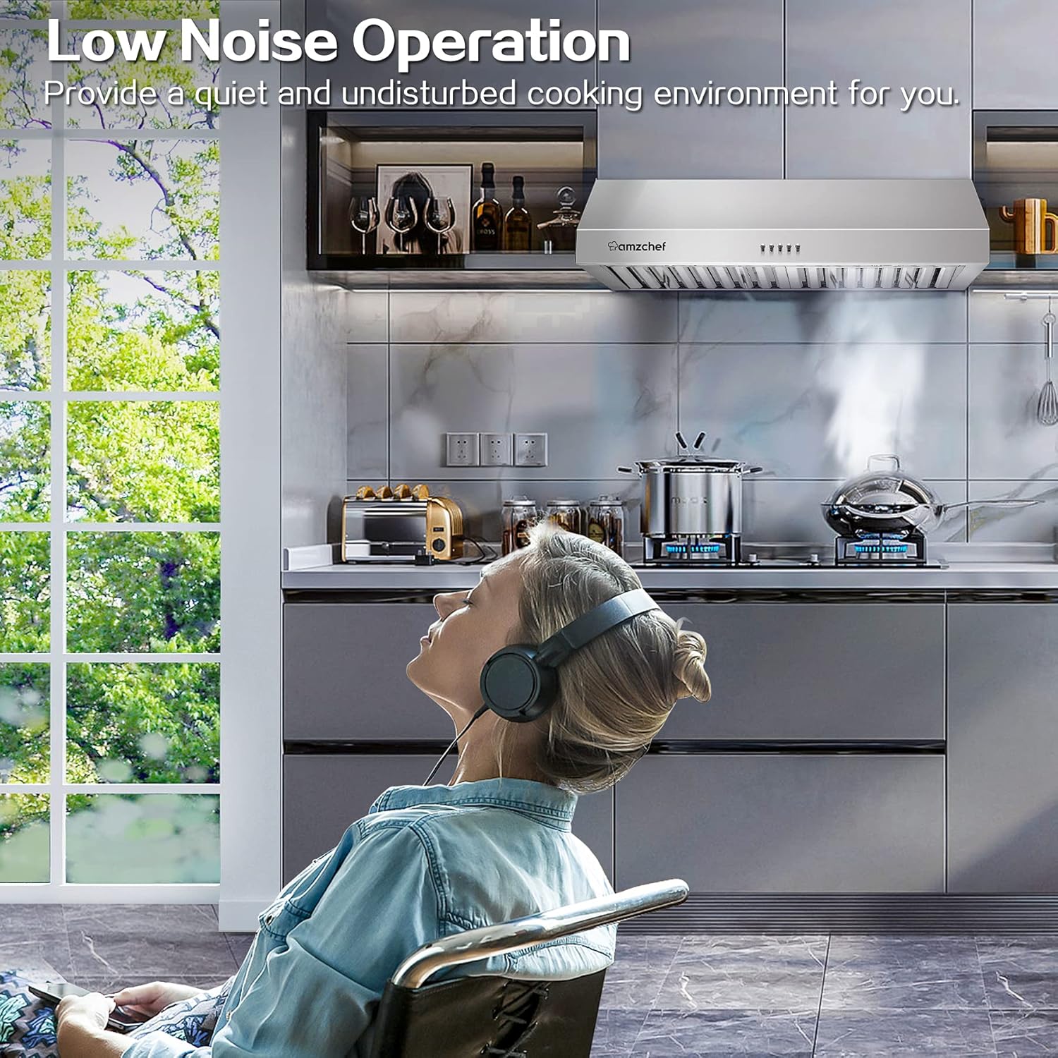 Woman relaxing in a kitchen with the AMZCHEF range hood operating quietly