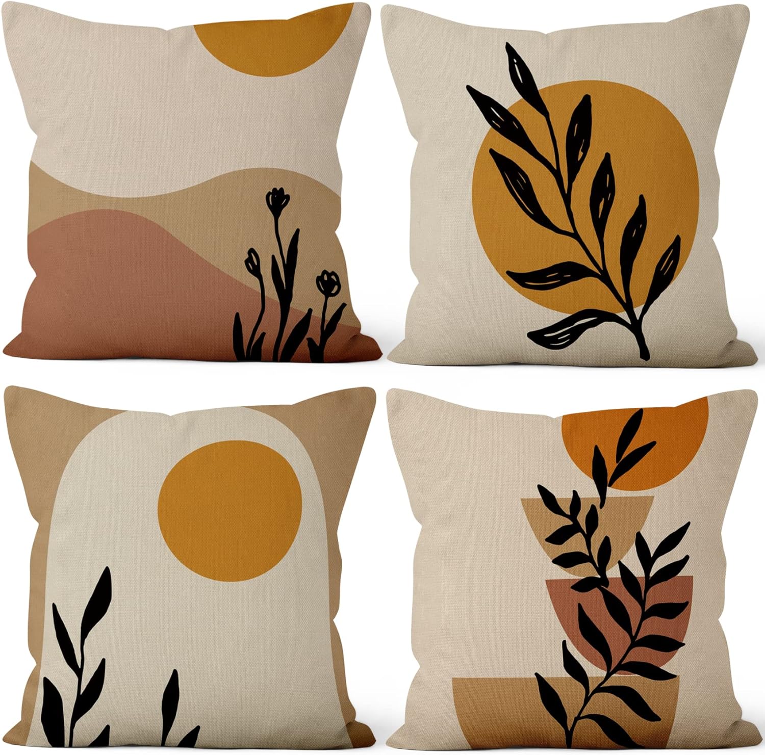 Mid Century Pillow Covers 20x20 Inch, Abstract Minimalist Boho Sunrise Throw Pillow Covers Square Cotton Linen Terracotta Beige Couch Pillowcases, Set of 4 (No Inserts)