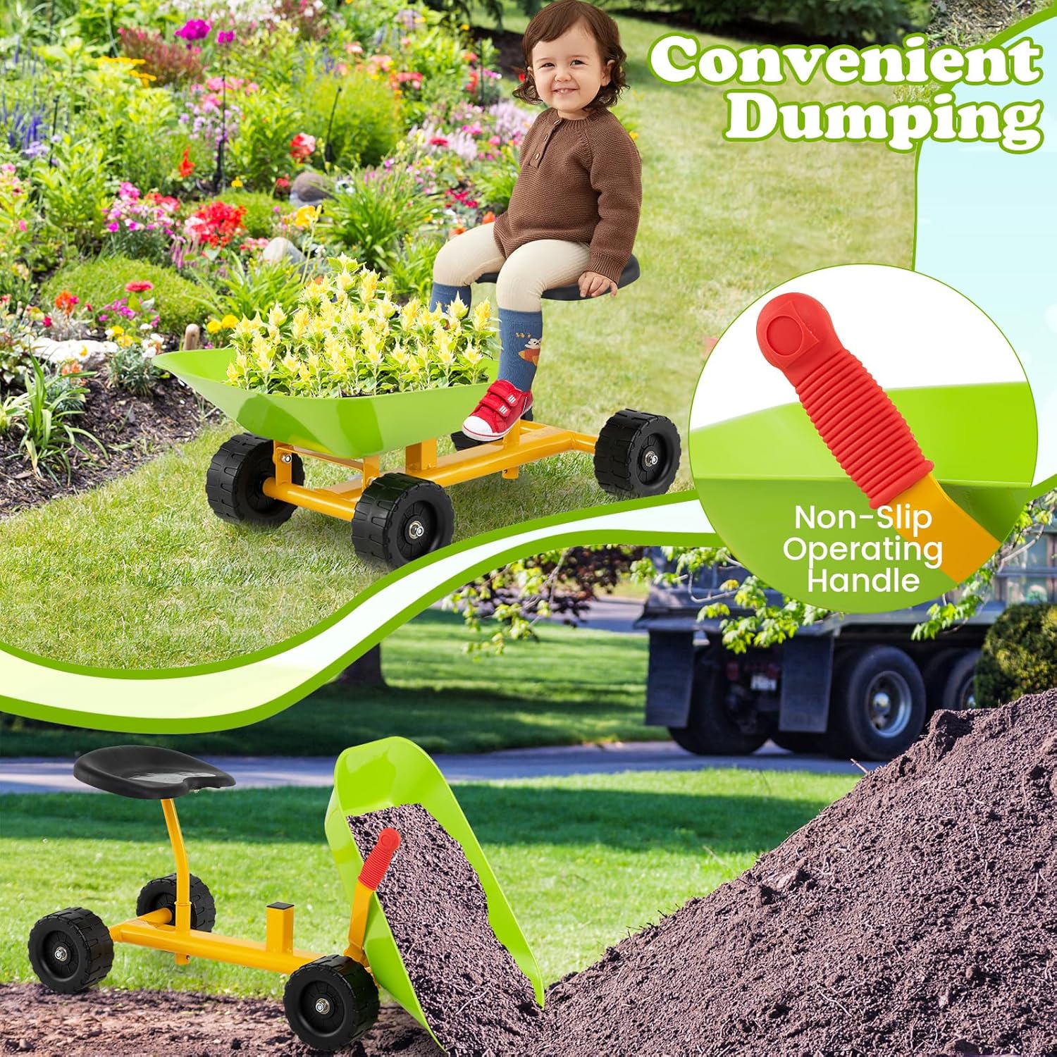 HONEY JOY Ride On Sand Dumper for Kids, Outdoor Garden Dump Cart Wheelbarrow w/8 Inch Wheels, Heavy Duty Steel Sit On Pulling Wagon Play Toy for Boys Girls (Light Green)