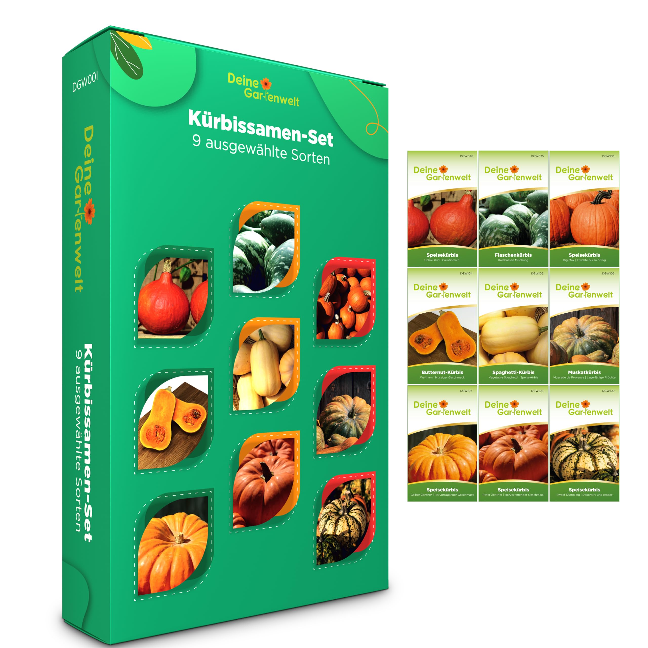 Kürbis Samen Set – 9 Sorten Kürbissamen – Anzuchtset für Kürbisse – Hokkaido, Butternut, Flaschenkürbis & Spaghettikürbis Samen – Kürbis Pflanzen – Ideal als Geschenkset Garten
