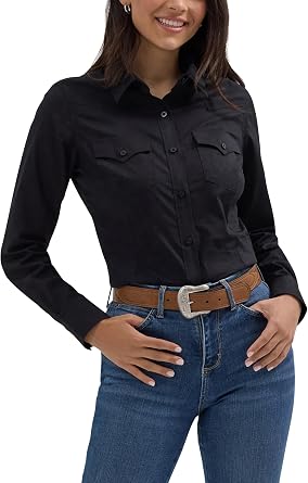 Wrangler Womens Retro Long Sleeve Cool Blue Solid Western Shirt