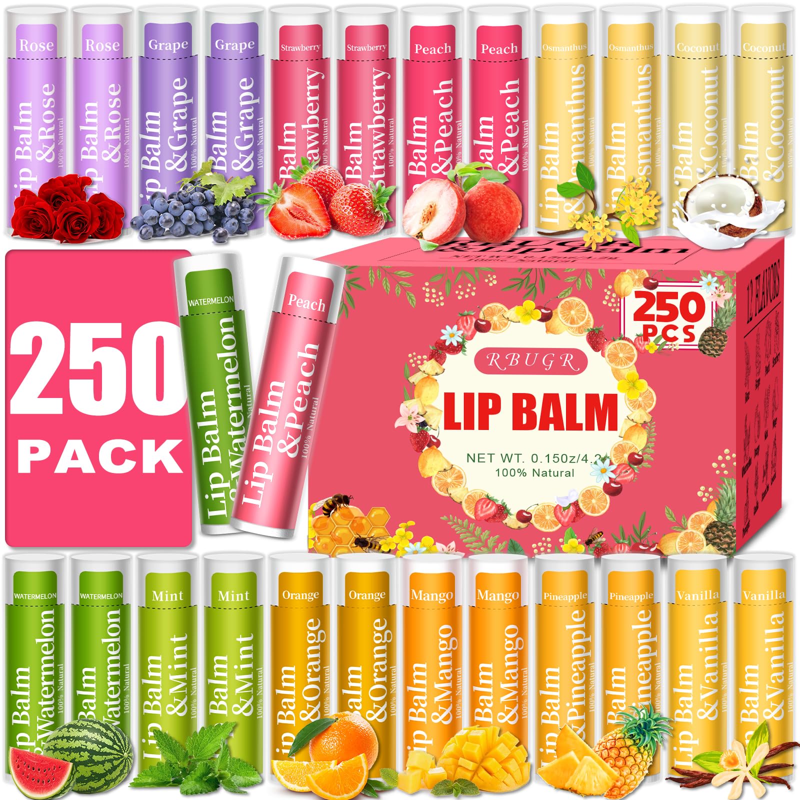 Sponsored Ad - 250 Pcs Lip Balm Bulk,12 Fruit Flavored Natural Bulk Lip Balm, Lip Balms Pack with Vitamin E, Lip Balms Gift Set Women Stocking Stuffers Party Favors, Moisturizing&Soothing(4.2g/0.15oz)
