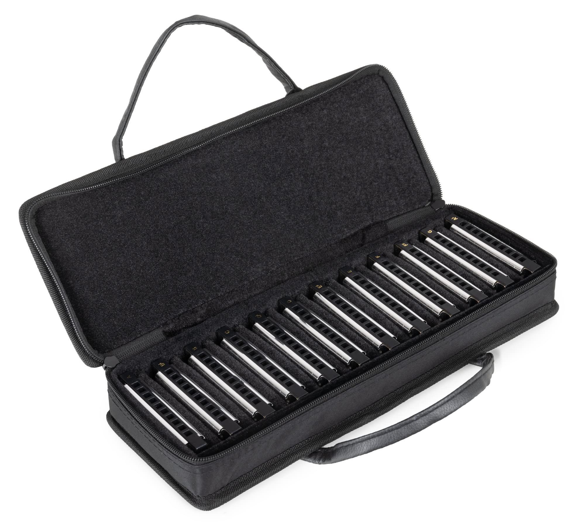 Classic Cantabile AHBS-12 Alabama Blues Harmonica 12er Mundharmonika Set - Diatonische Mundharmonikas in verschiedenen Stimmungen - 10 Messing Stimmzungen - Edelstahl-Gehäuse - Inkl. Etui & Tuch