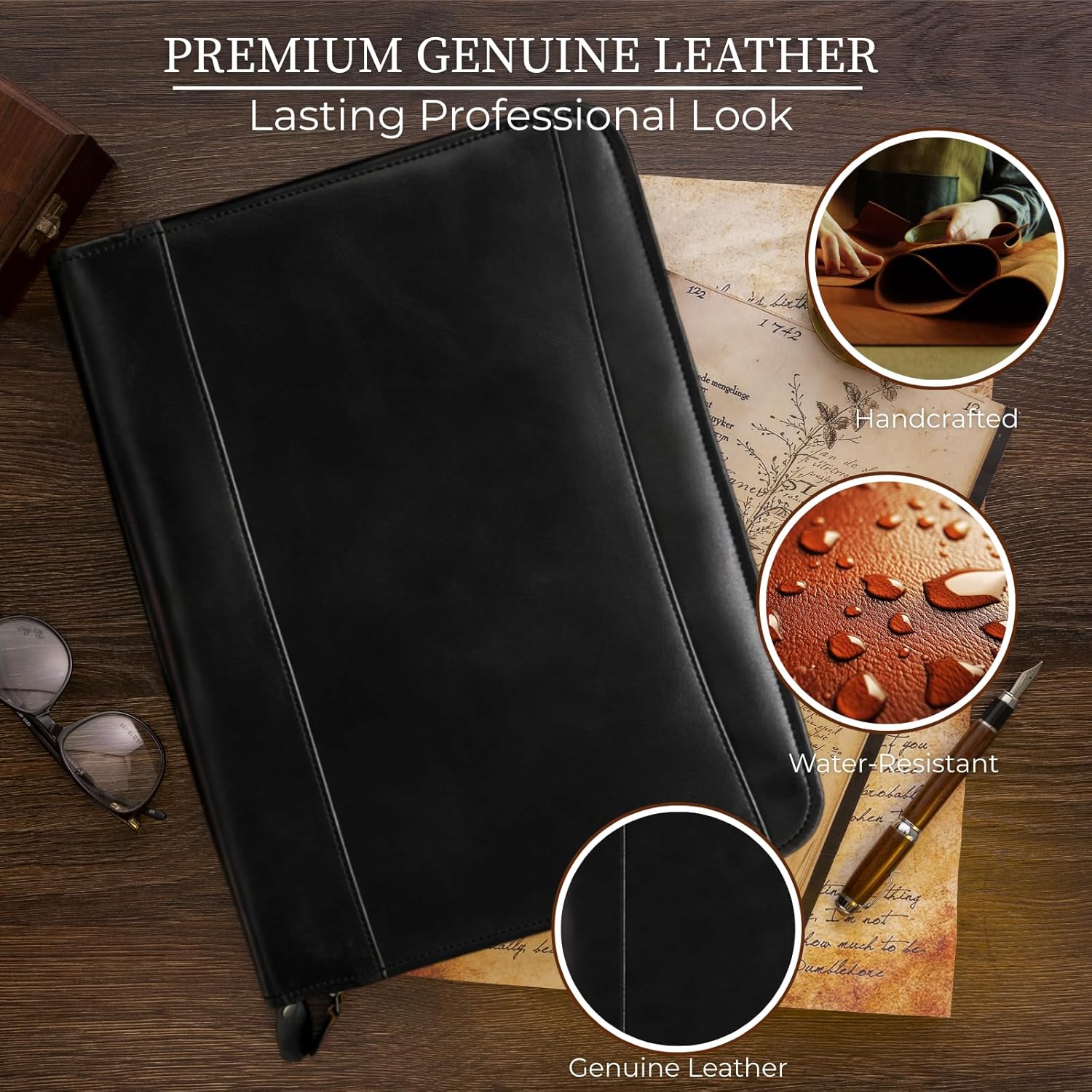 Leather Padfolio with Zipper – Business Portfolio for Men and Women, Legal Pad Portfolio, Leather Folder, Professional Padfolio for Meetings and Interviews