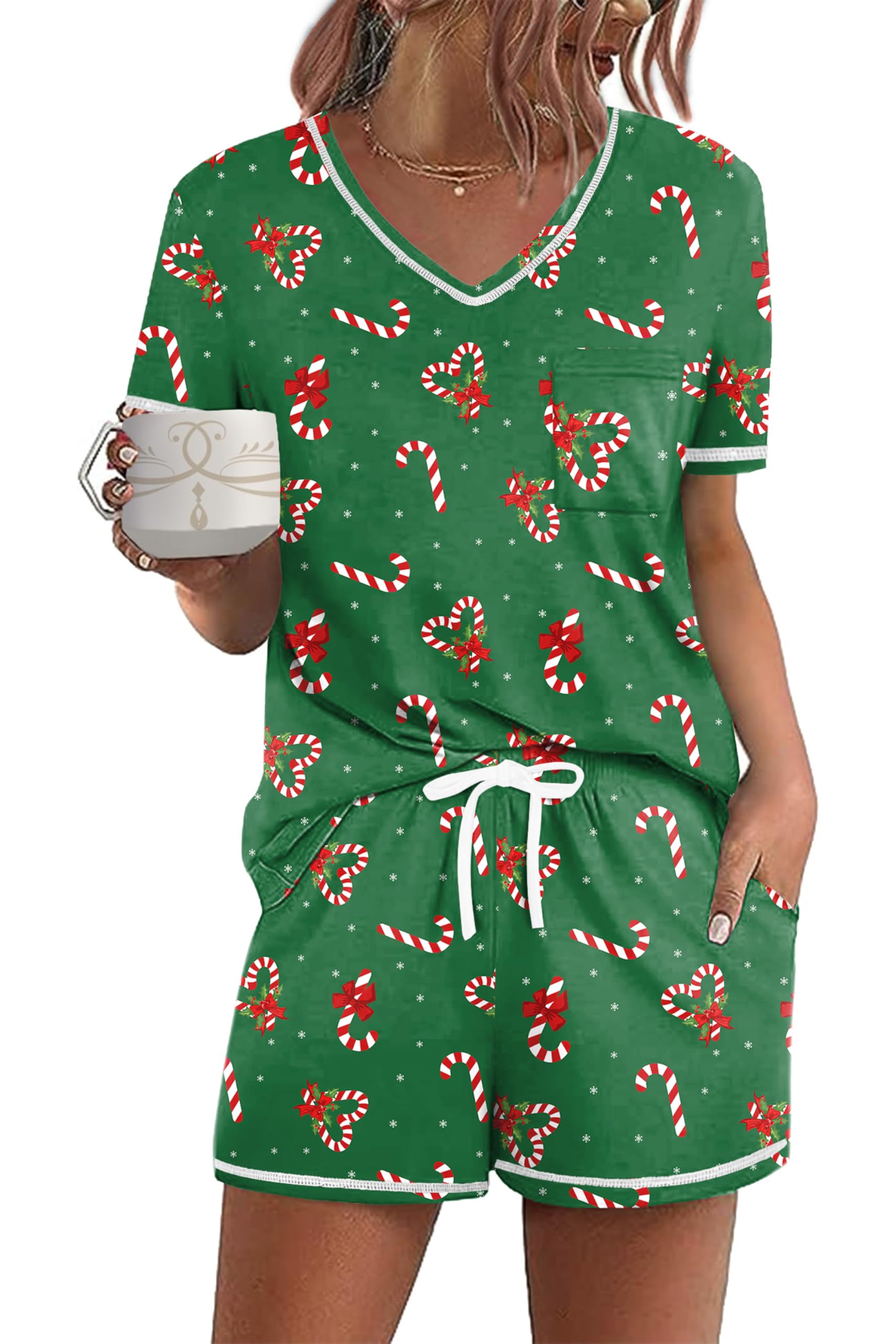 Ekouaer Womens Pajamas Sets Short Sleeve Lounge Sets Sleepwear Casual Two Piece Pjs With Pockets Christmas cane Medium