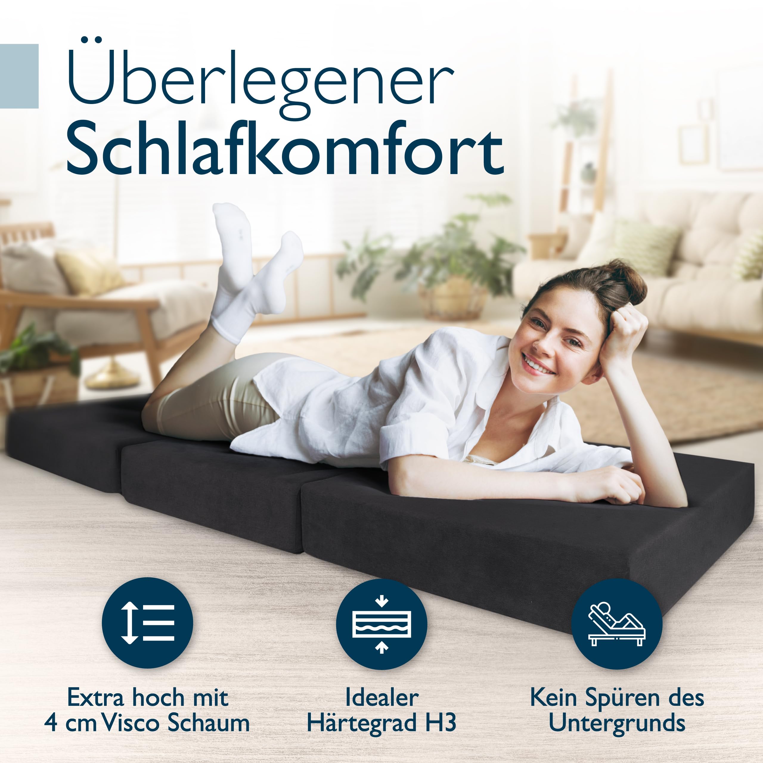 Beautissu Klappmatratze Gästebett faltbar klappbar Visco-Matratze | 140x200cm Anthrazit extra dick waschbar Gästematratze hoher Schlafkomfort einfacher Transport Premium XXL inkl. Tasche VS95