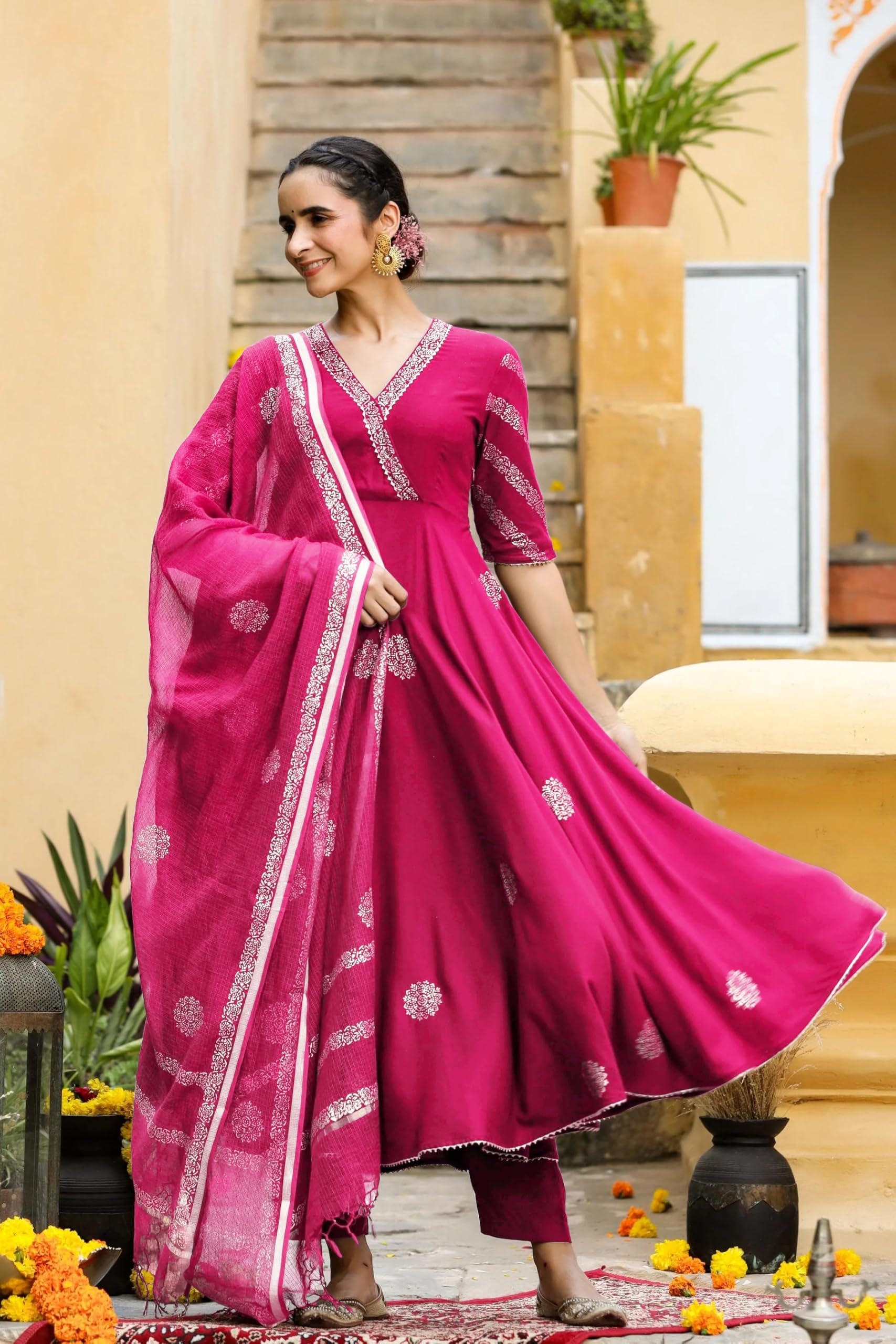 GoSriKi Women's Rayon Blend Anarkali Printed Kurta with Pant & Dupatta (Berlin Pink-GS_XL_Pink_X-Large) - Image 9 thumbnail