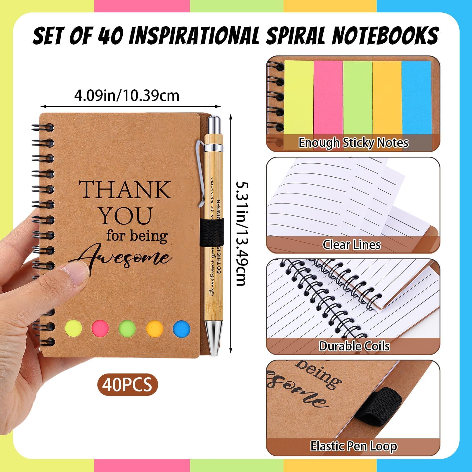40 juegos de cuadernos en espiral con notas adhesivas, diarios de agradecimiento, bolígrafos inspiradores de bambú para enfermeras, profesores, compañeros de trabajo