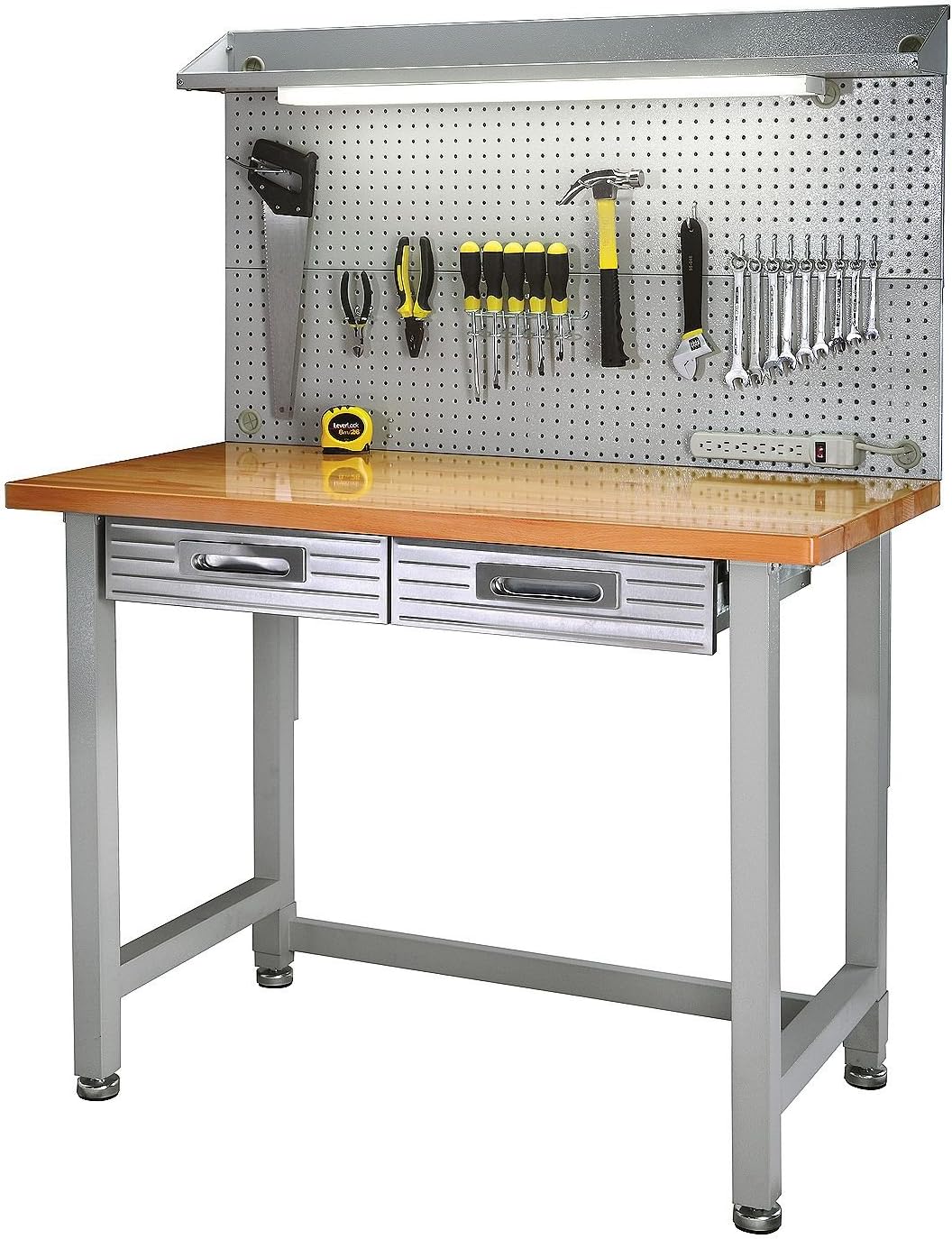 Hardwood Top Workbench Garage Worktable with Integrated Light and Pegboard