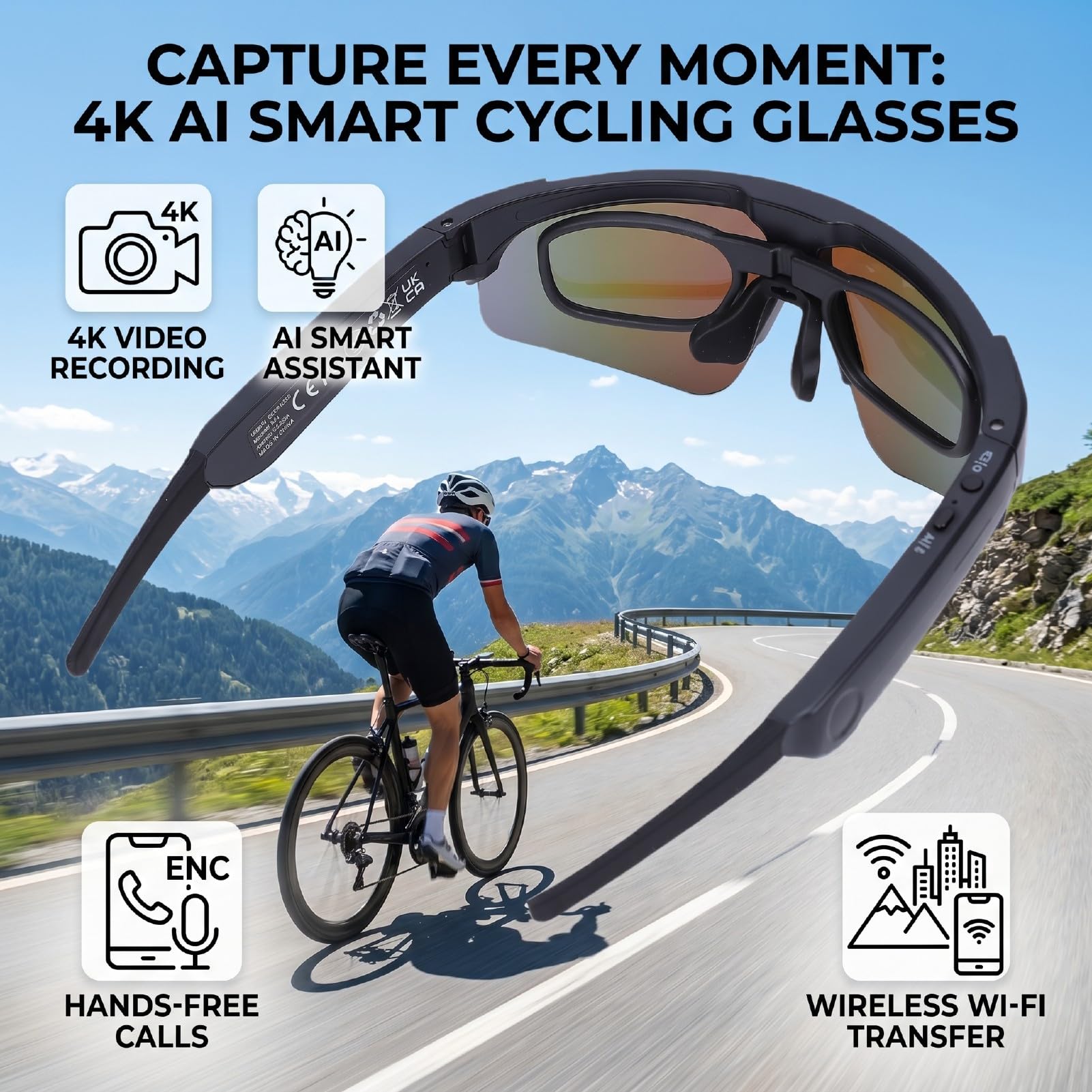 Naroote Occhiali da Ciclismo Intelligenti 4K AI, Occhiali Bluetooth in ABS PC for Ciclismo e attività All'aperto (Blu)