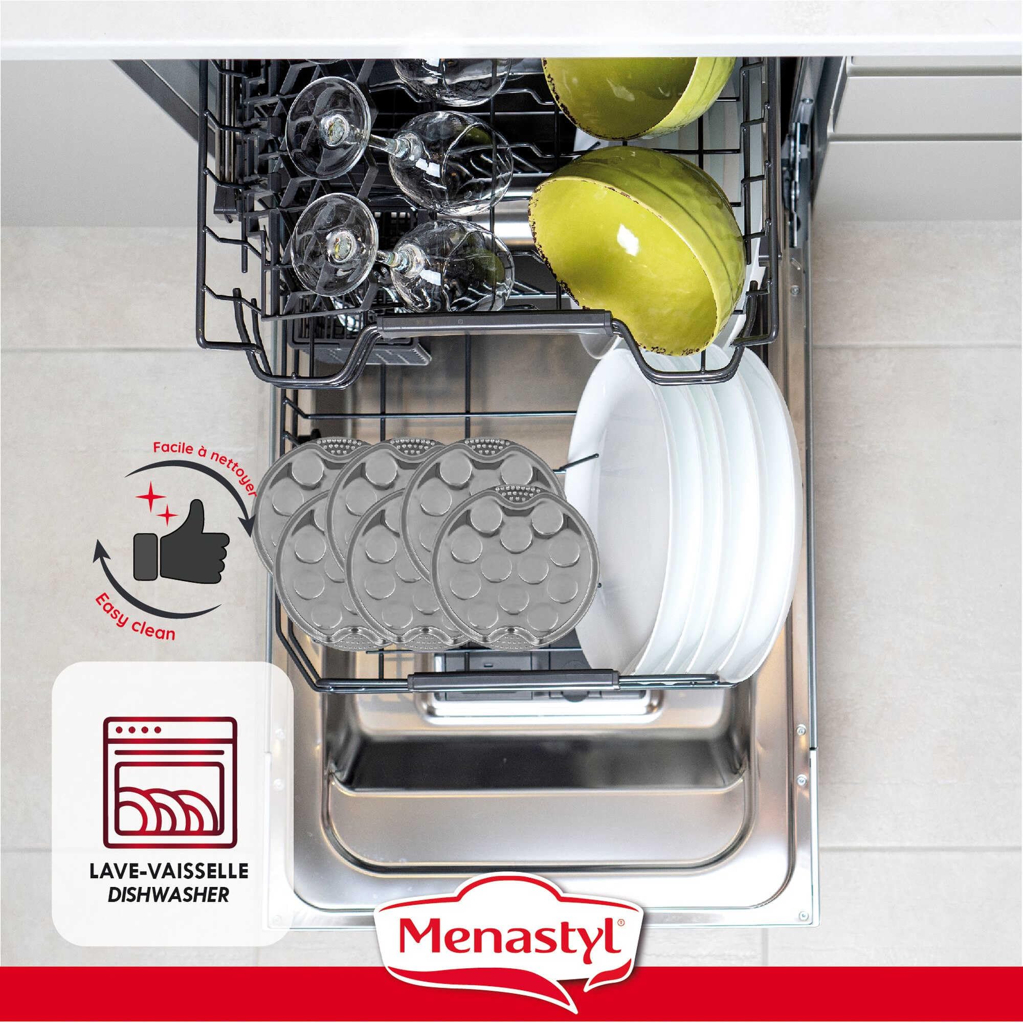 Menastyl 5040063 The Kitchenette-Servizio 18 Pezzi, 6 Piatti da 12 Ø 19 cm + 6 pinzette 6 forchette per lumache, Acciaio Inossidabile