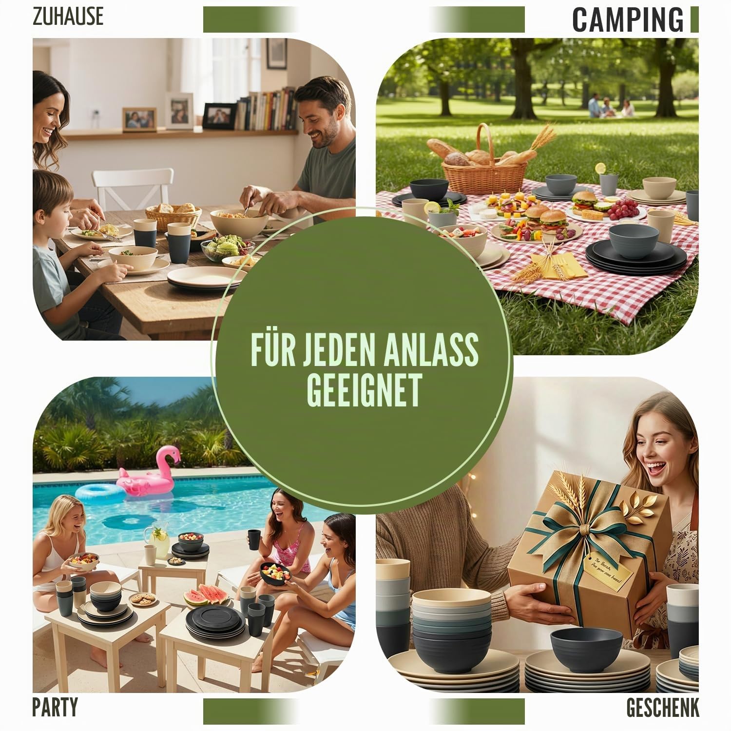 40-teiliges Geschirr-Set aus Weizenstroh, Service für 8 Kunststoffgeschirr-Set, unzerbrechliche Teller und Schüsseln, Trinkgläser, spülmaschinen- und mikrowellengeeignet, Geschirr-Set für