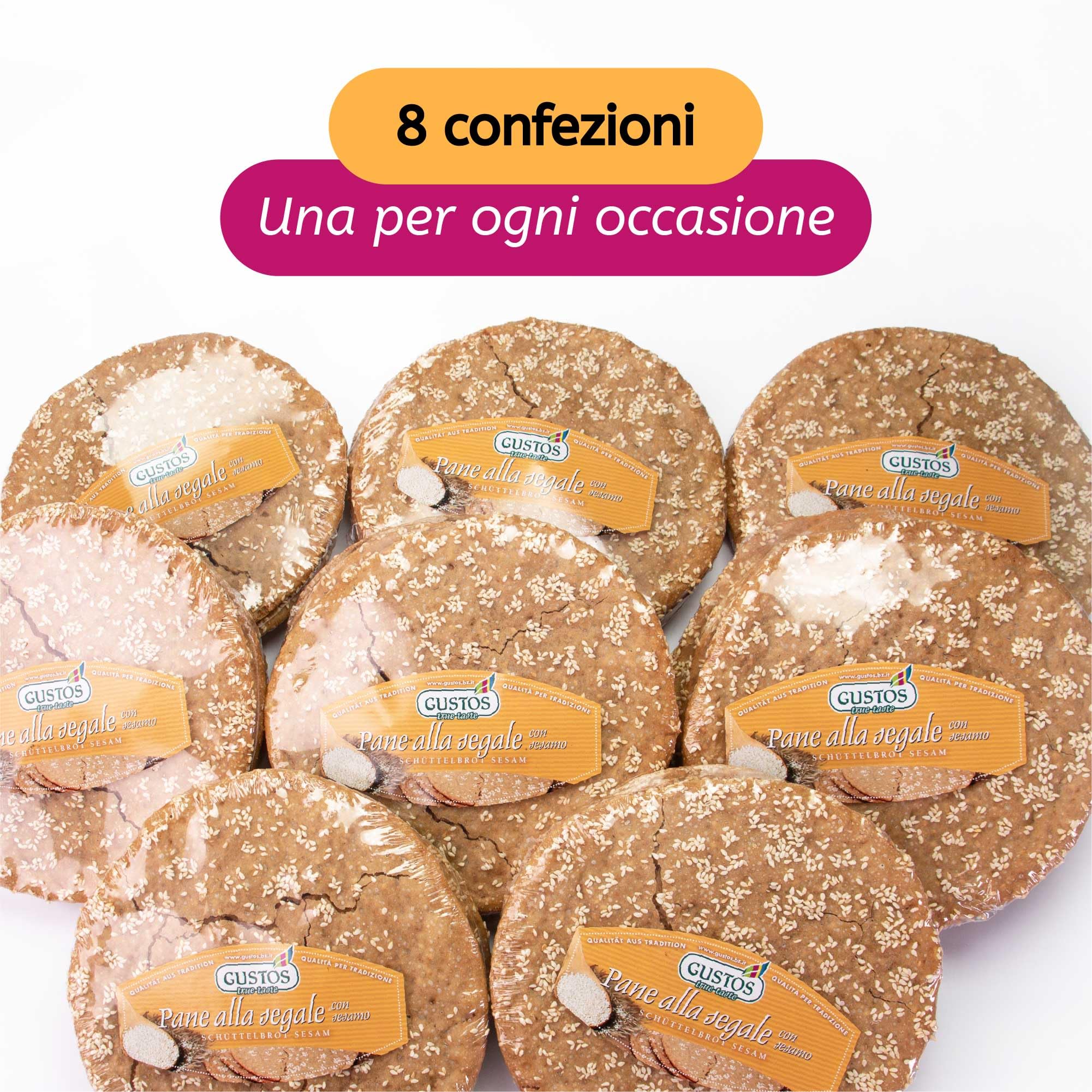 GUSTOS - 8 confezioni di Pane tradizionale dell'Alto Adige "Schüttelbrot" di segale | con Semi di Sesamo |150 g ciascuna, fatto a mano, gustoso e croccantissimo.