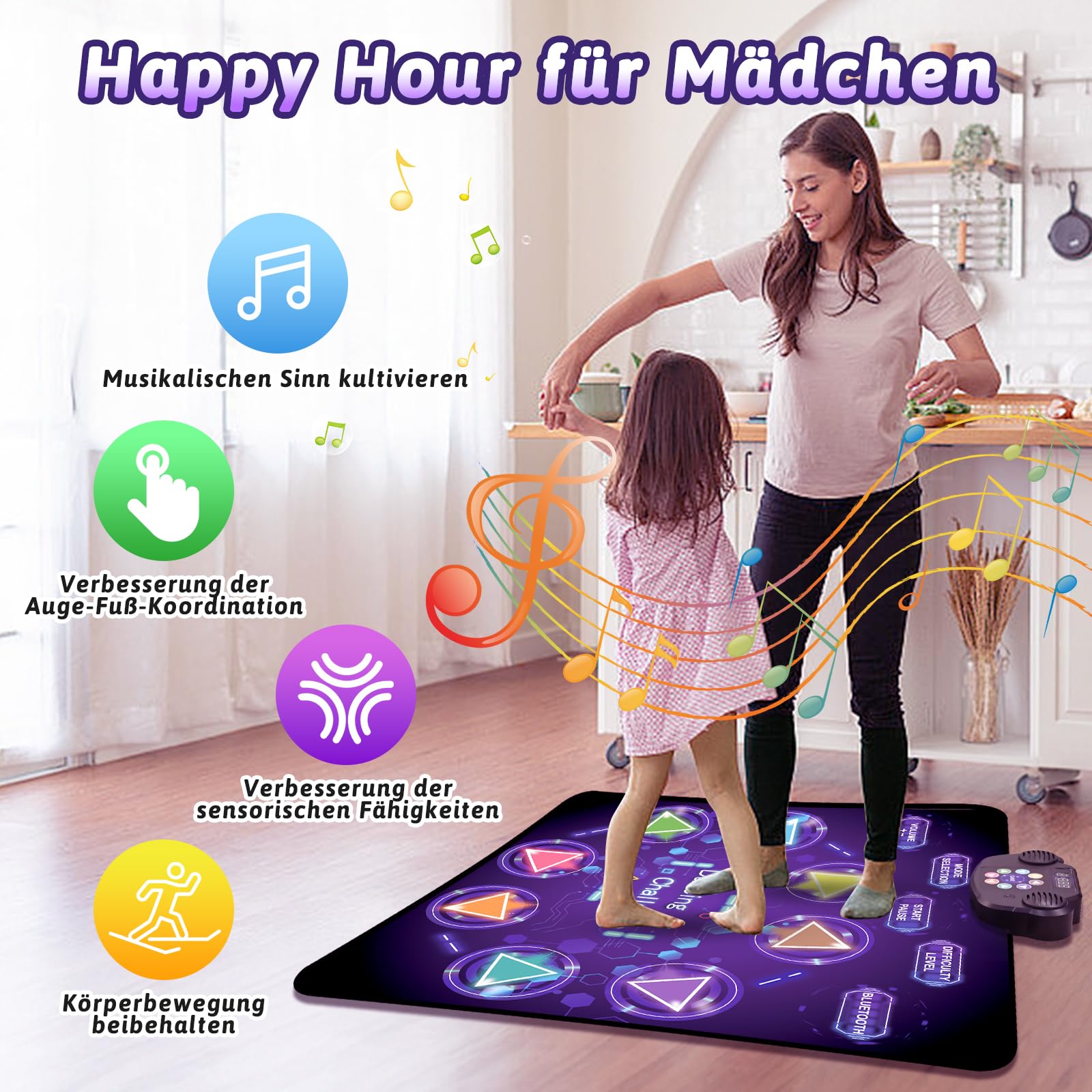 Tigvio Tapis de Danse Rechargeable pour Enfants à partir de 3, 4, 5, 6, 7, 8, 9, 10, 11, 12 Ans, avec 8 lumières LED et Bluetooth, Jouet pour Enfants, Cadeaux de Noël pour Filles de 3 à 12 Ans