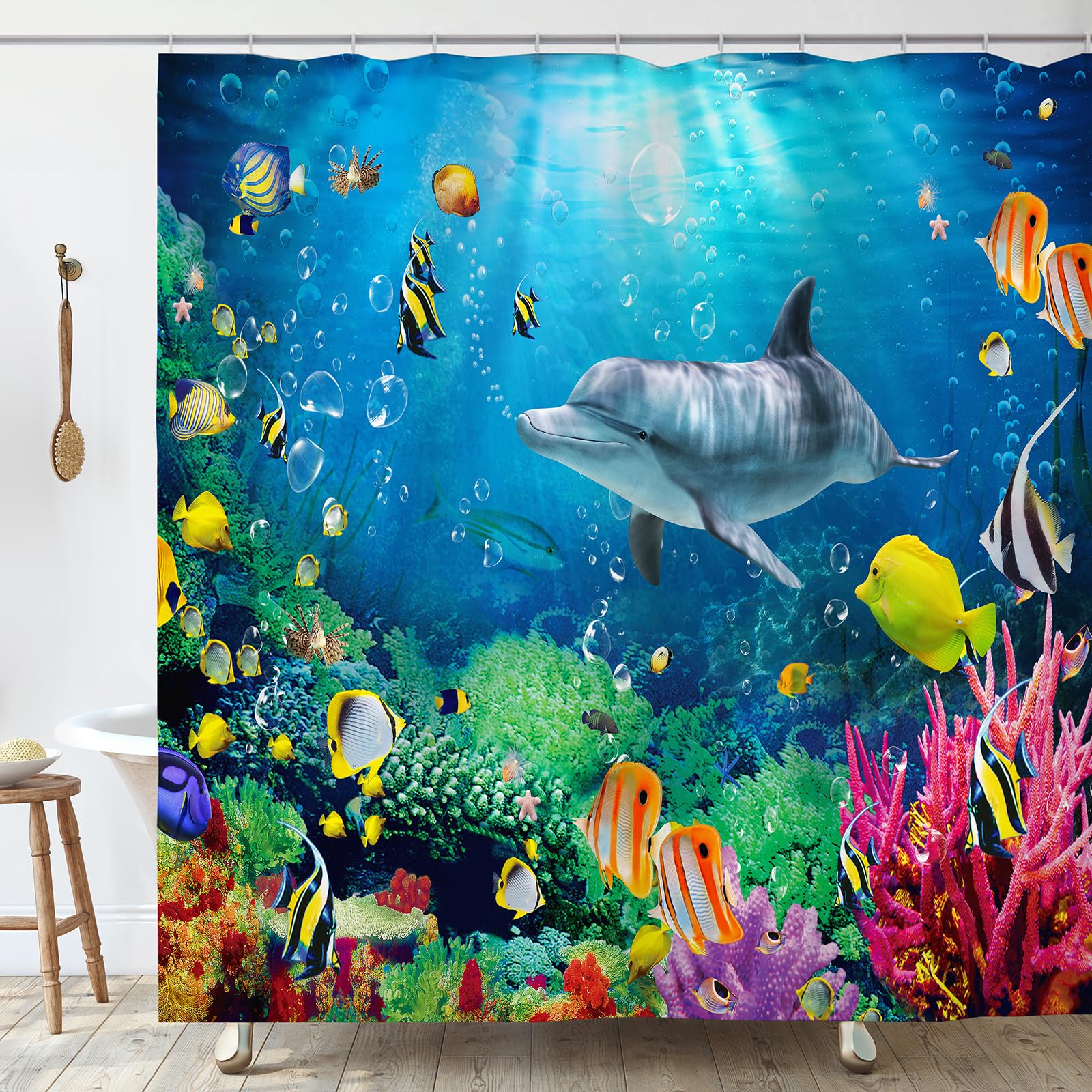 Delfini Tenda Doccia Antimuffa 180x200 cm Tessuto in Poliestere Tenda per Doccia Pesci Oceano Colorata Stoffa Impermeabile Tende Vasca da Bagno con Anelli Lavabile Lavatrice