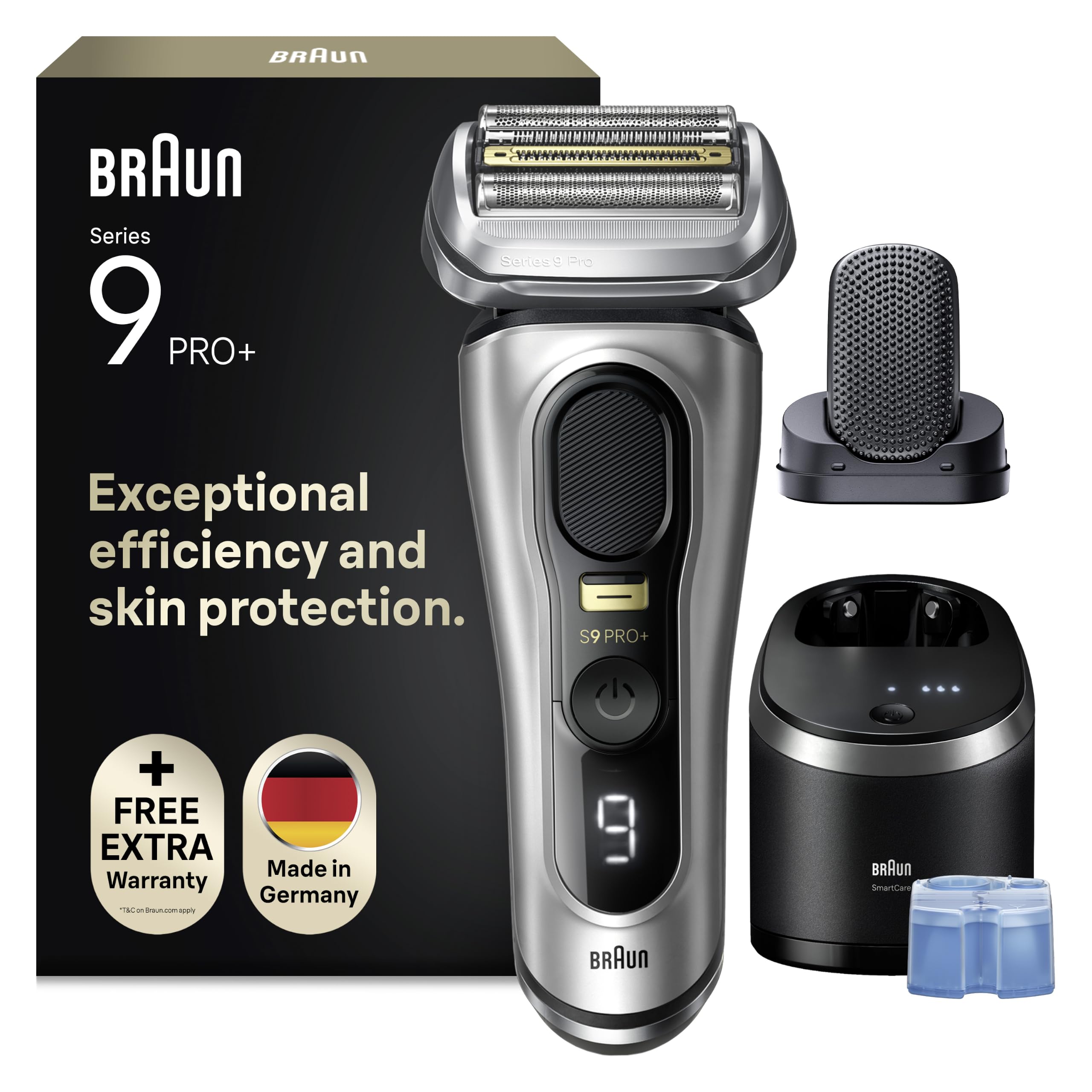 Braun Series 9 PRO+ 9597cc, Rasoir Électrique Pour Homme, Système 2-En-1 Avec Tête De Massage ProComfort Pour Pré-Rasage, Station SmartCare, Étanche, 60 Min D'autonomie, Fabriqué En Allemagne, Argent