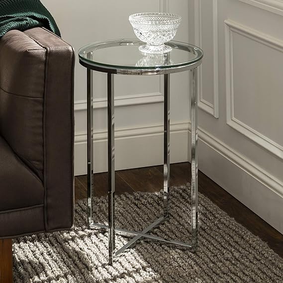 Cora Modern Glass Top Round Accent Table with X Base (2 pack)
