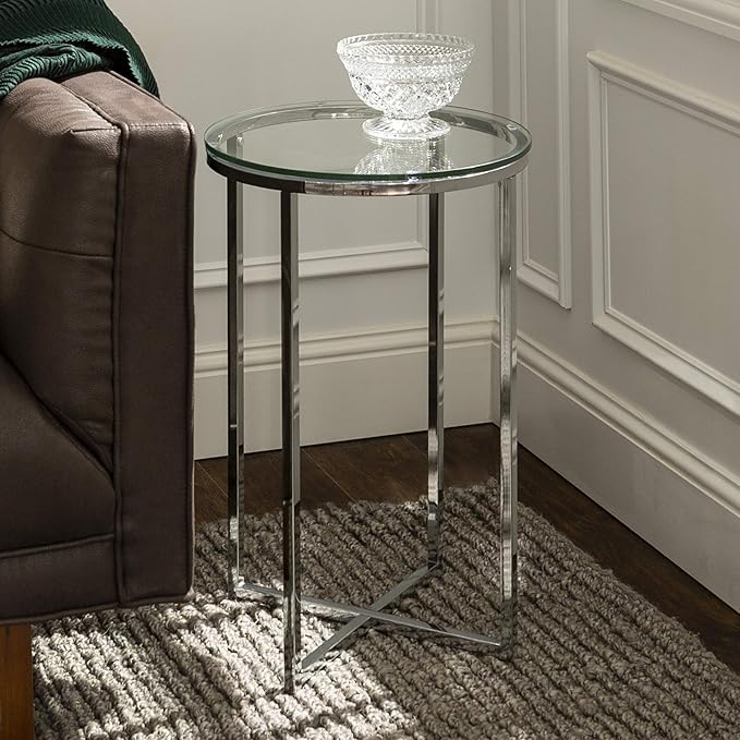 Walker Edison Cora Modern Glass Top Round Accent Table with X Base, 2 pack, Glass and Chrome
