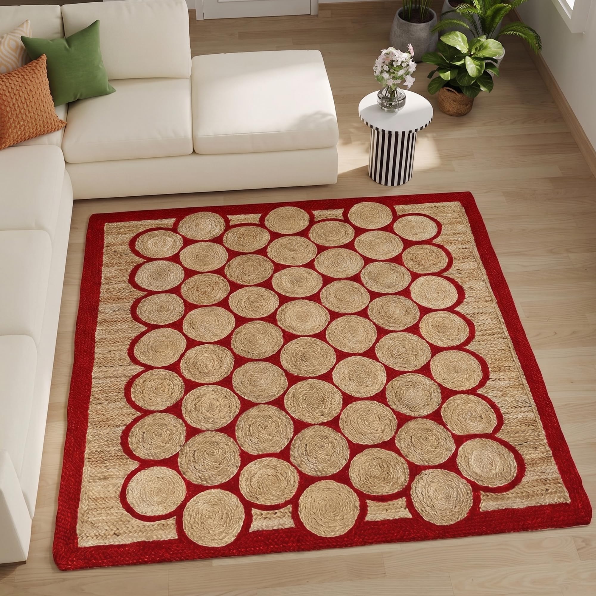 Tapis en jute fait main 1,2x1,2m avec bordure rouge géométrique élégante