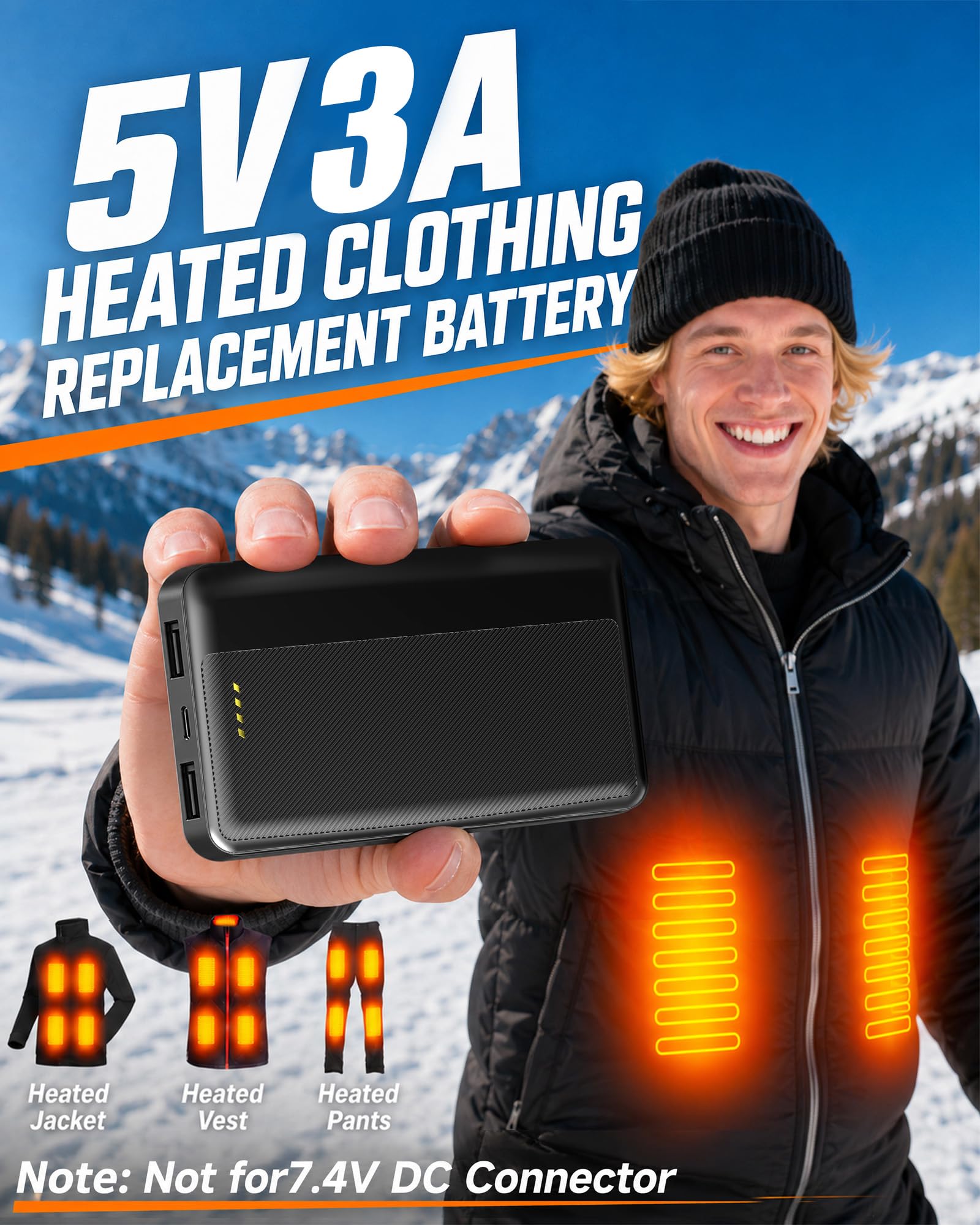 Batterie externe USB 5 V 20 000 mAh pour gilet chauffant (noir, USB 5 V 20 000 mAh), batterie rechargeable, gilets, manteaux