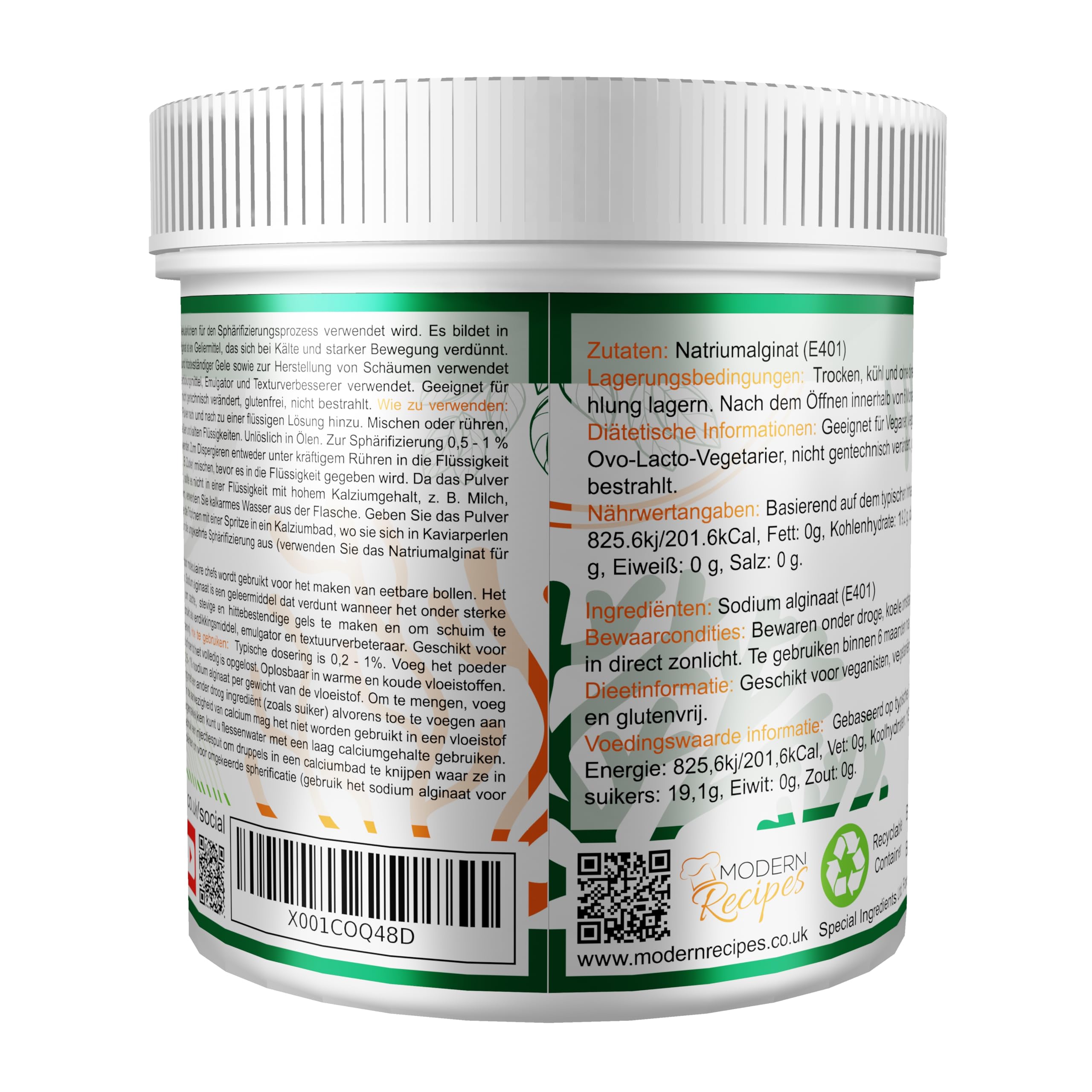 Special Ingredients Alginato di sodio in polvere da 500 g, estratto di alga, addensante, emulsionante e miglioratore di consistenza, adatto per vegani e vegetariani, imballaggio riciclabile