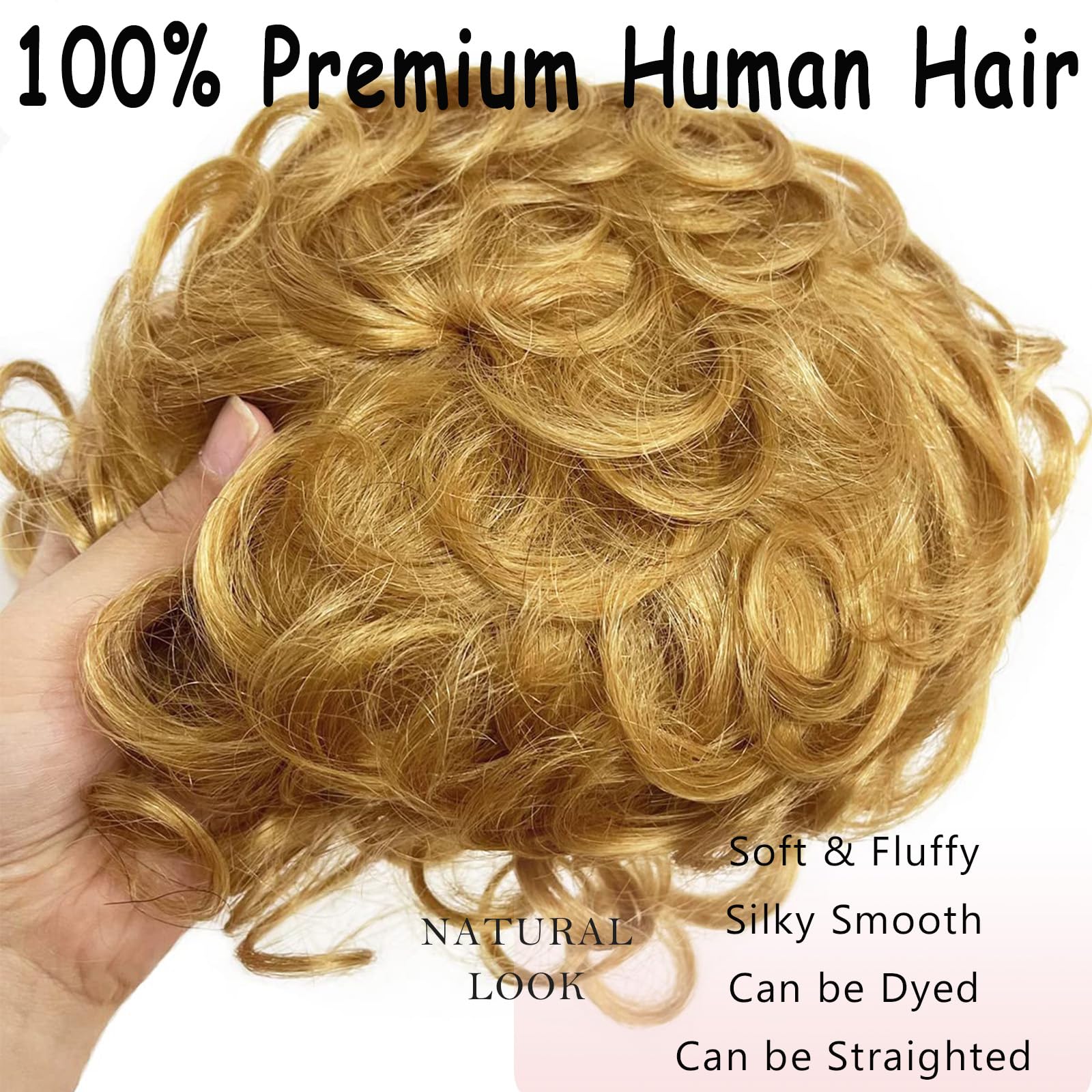 EREEHAIR Treski w 100% z ludzkich włosów z grzywką dla kobiet, 15 cm, krótkie, kręcone, tupecik, klips, falowane, kręcone, treska, duża podstawa, 13 x 14 cm, pełne pokrycie 360°, nr blond