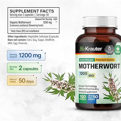 Miniatura 3 de BIO KRAUTER Motherwort Cápsulas 1200 mg - 100 unidades - Suplemento de hierbas Motherwort - Promueve la relajación - Cápsulas de apoyo para mujeres