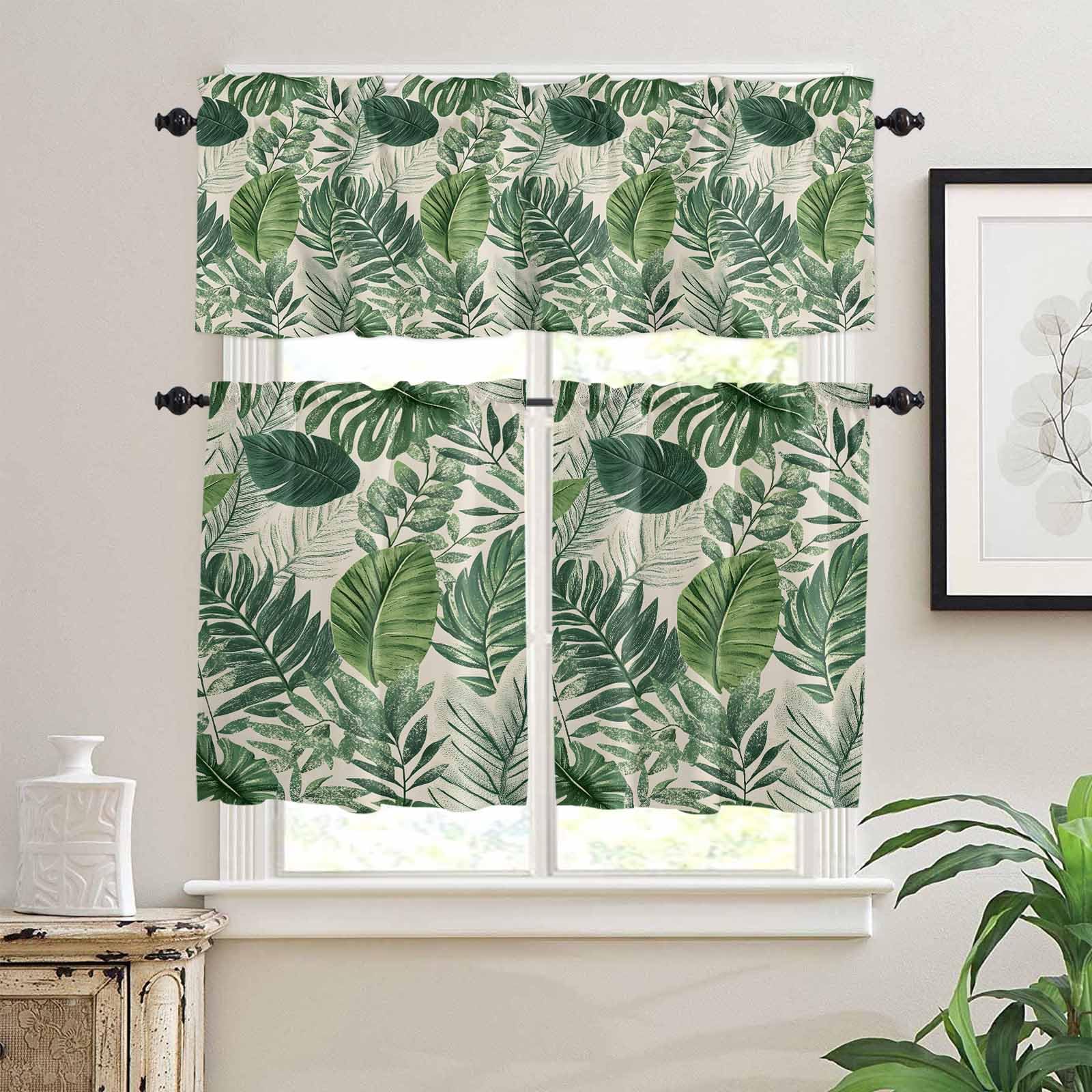 Tropical Leaves Kitchen Curtains 36 Inch Length,3 Piece Rod Pocket Small Half Tiers and Valance Set,Vintage Country Summer Green Leaf Plant Small Large Window Treatment Decor for Bedroom/Bathroom