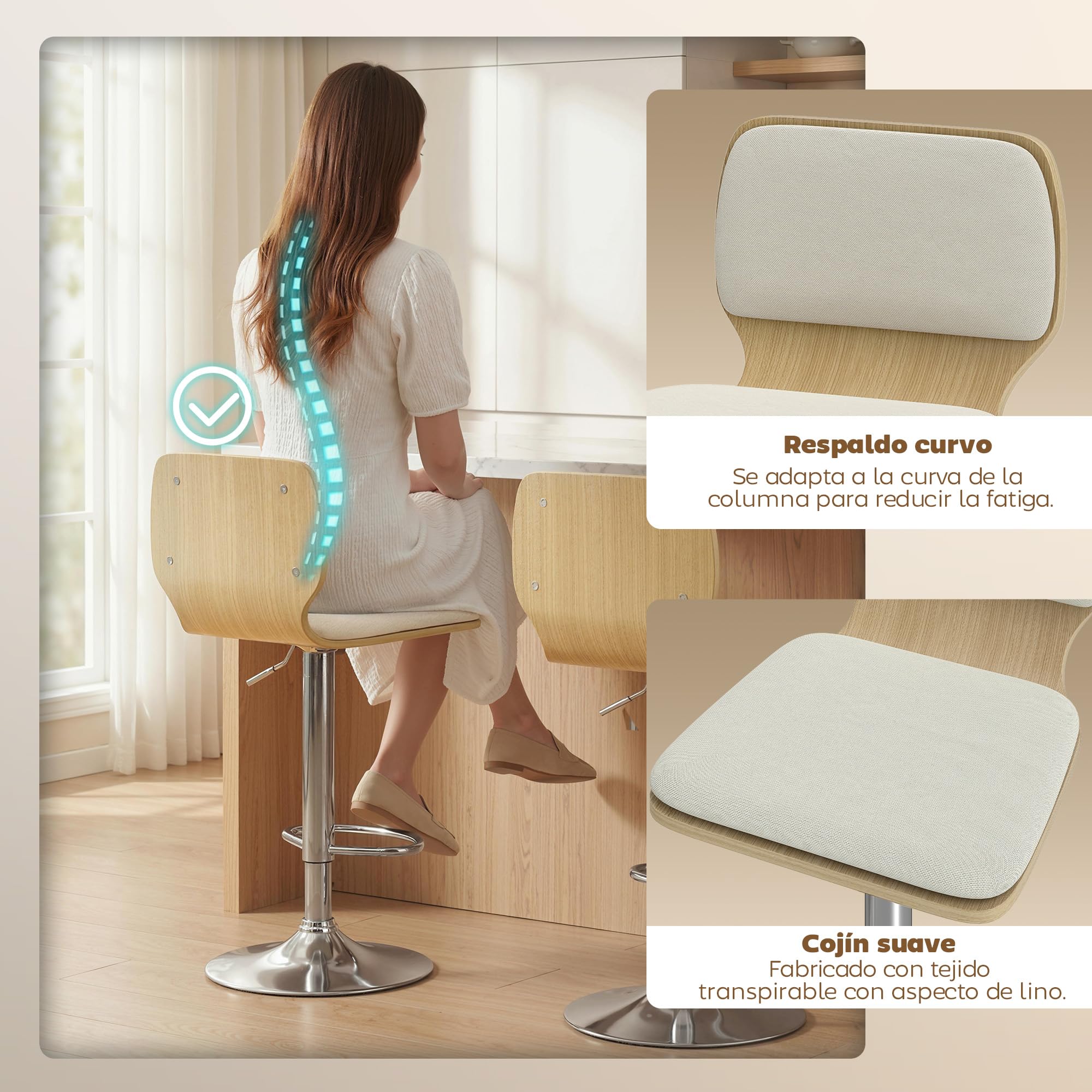 HOMCOM Juego de 2 Taburetes Altos de Cocina Giratorios en 360°, Taburetes de Bar Regulables en Altura de 81-102 cm, Tapizados en Lino, Reposapiés, para Comedor, Mostrador, Beige
