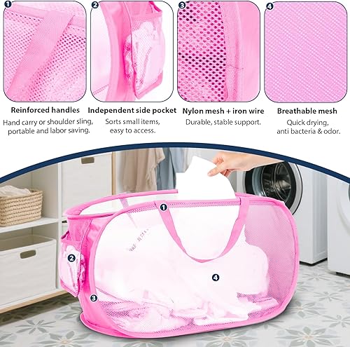 Miniatura 3 de Cestas de lavandería plegables duraderas, cesta de lavandería desplegable de malla con bolsillo práctico, cesta plegable de gran espacio con asas de