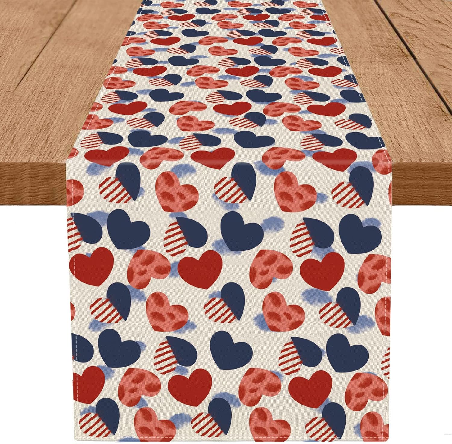 4th of July Patriotic Table Runner America Flag Hearts Memorial Day Independence Day