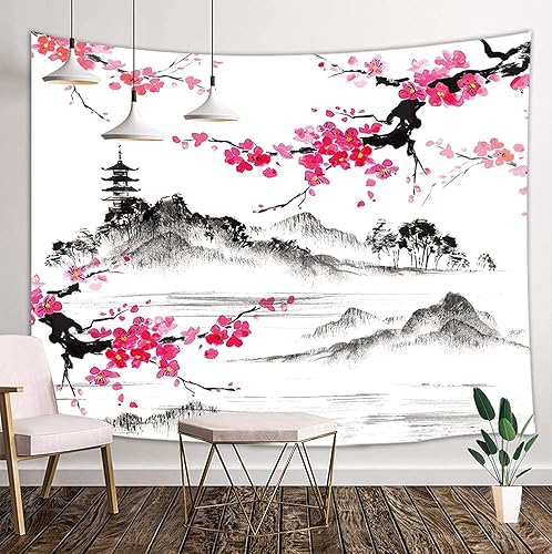 Miniatura 16 de Tapiz de anime japonés negro y rojo, tapiz de bosque de montaña con flor de cerezo para colgar en la pared, tapiz de paisaje de naturaleza asiática