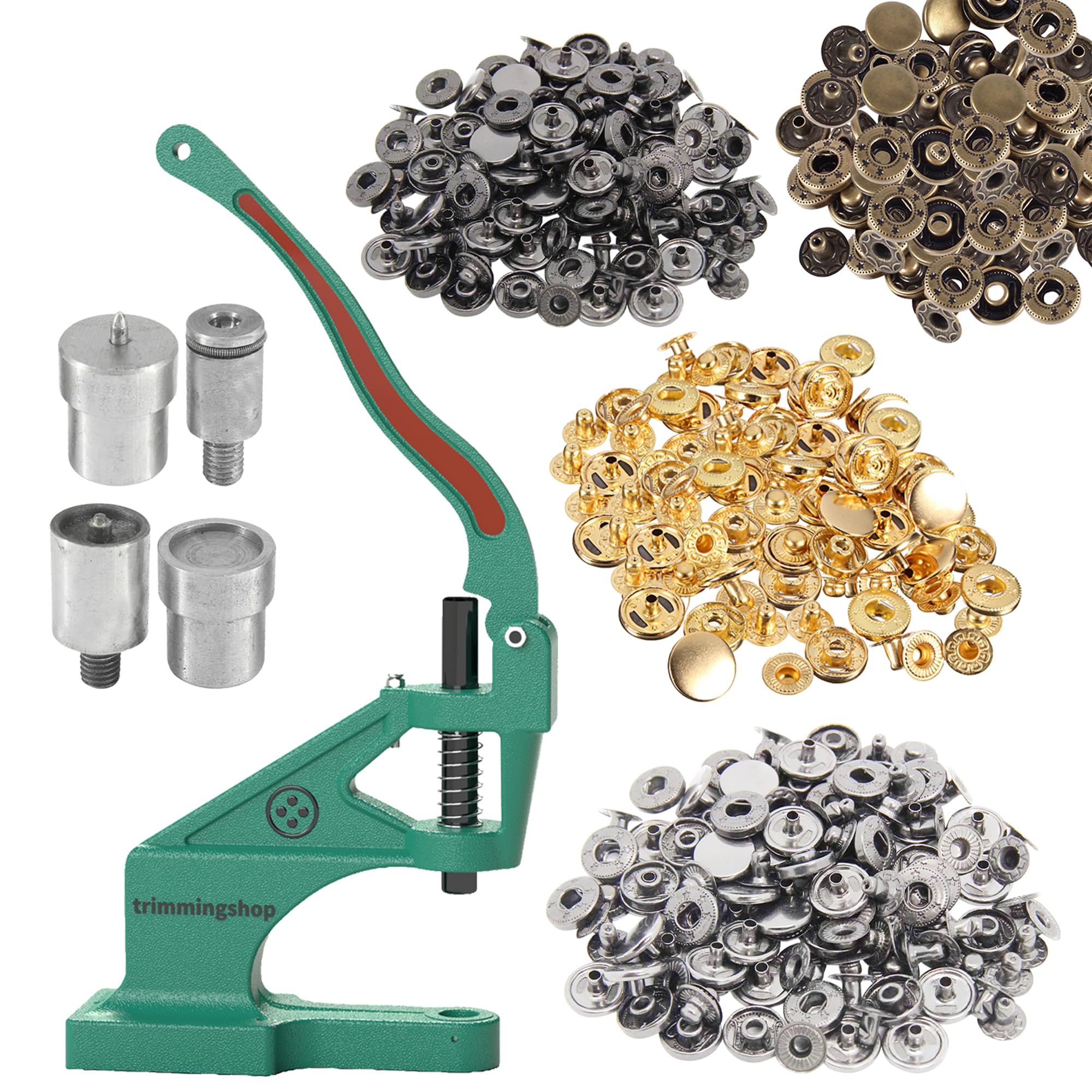Event Decor Shop Juego de 400 botones de presión de resorte S de 10 mm, botones de metal sin costura, troqueles de fijación y prensa manual de máquina verde para manualidades, chaquetas, manualidades
