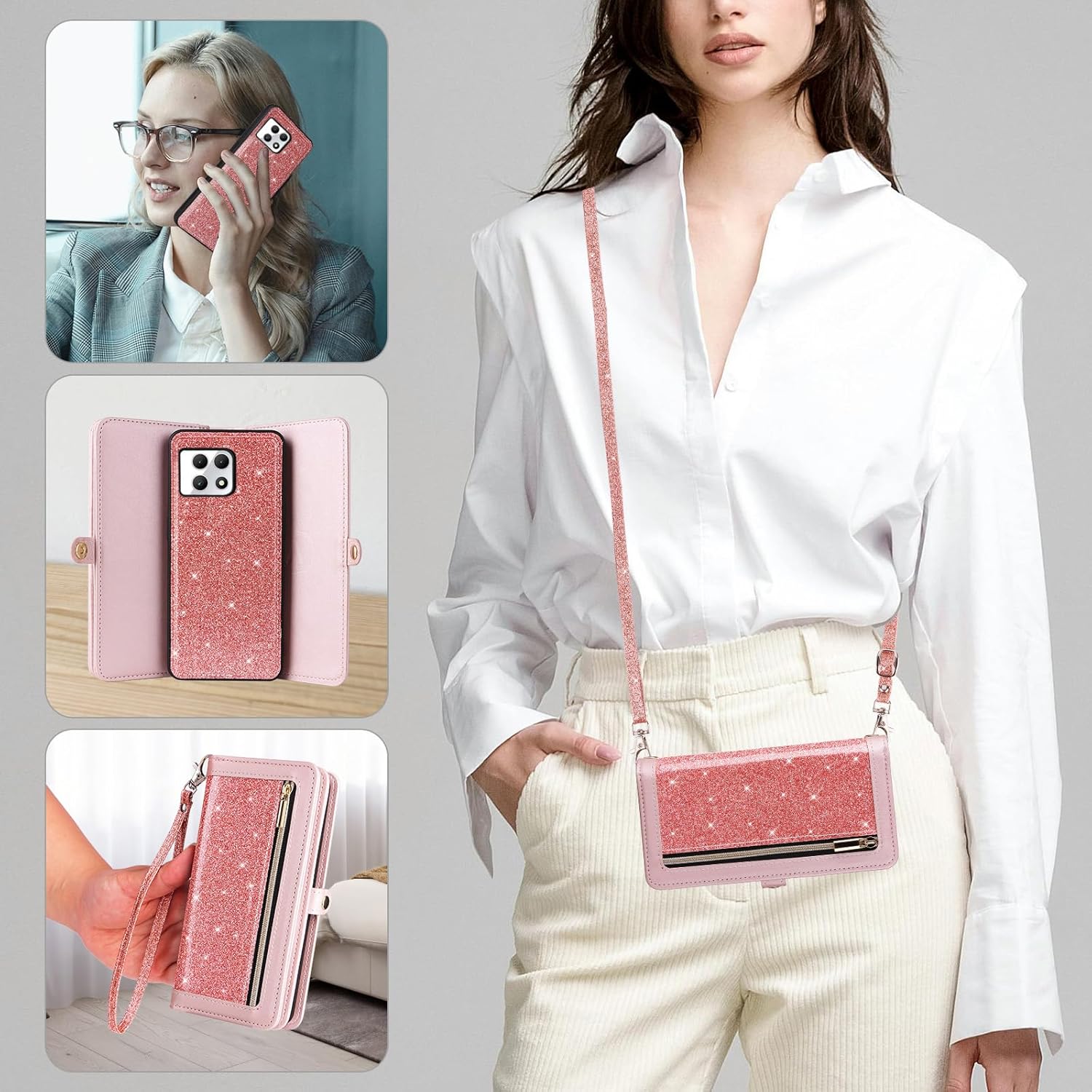 Asuwish Phone Case for T-Mobile Revvl 7 5G Zipper Wallet Cell Cover with Screen Protector Lanyard Strap Bling Glitter Flip Card Holder Slot Tmobile Revvl7 T Mobile Revel Tmo Revell Rebel Women Pink