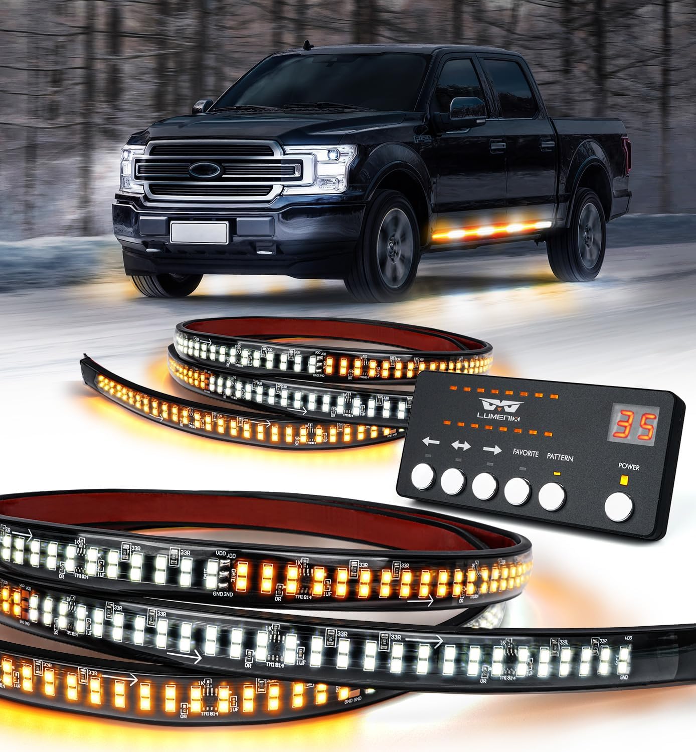 LUMENIX 2PCS 70 Inch Emergency Strobe Lights Strip LED Running Board Flexible Lights Bar Flashing Warning Hazard Safety Side Light for Construction Vehicles Tow Work Trucks Pickups - White Amber