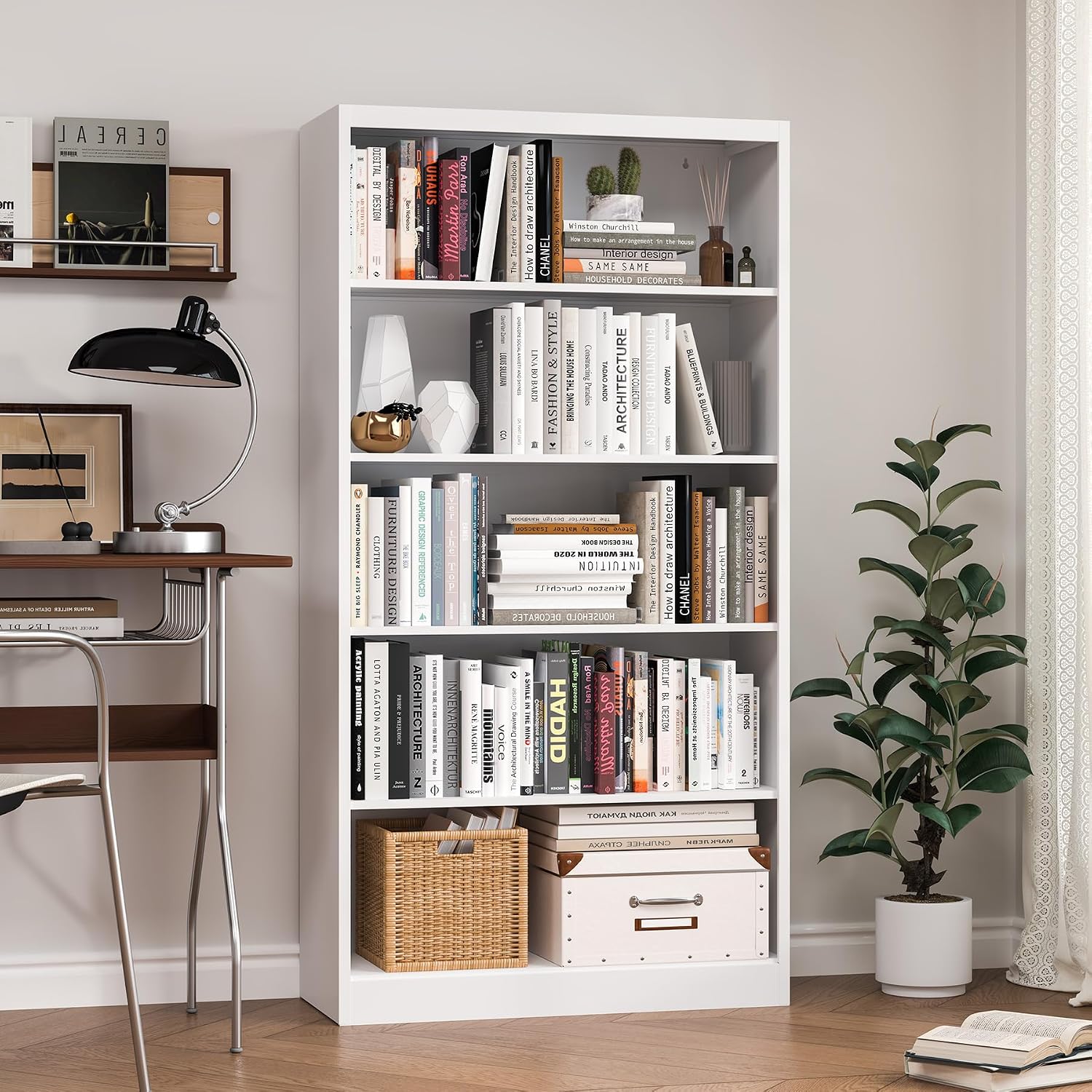 OSEILLC Bookcase,5 Tier White Bookshelves,55" Tall Free Standing Metal Bookcase with Adjustable Storage Shelves, Wide Bookshelf for Bedroom Living Room Home Office School (White)