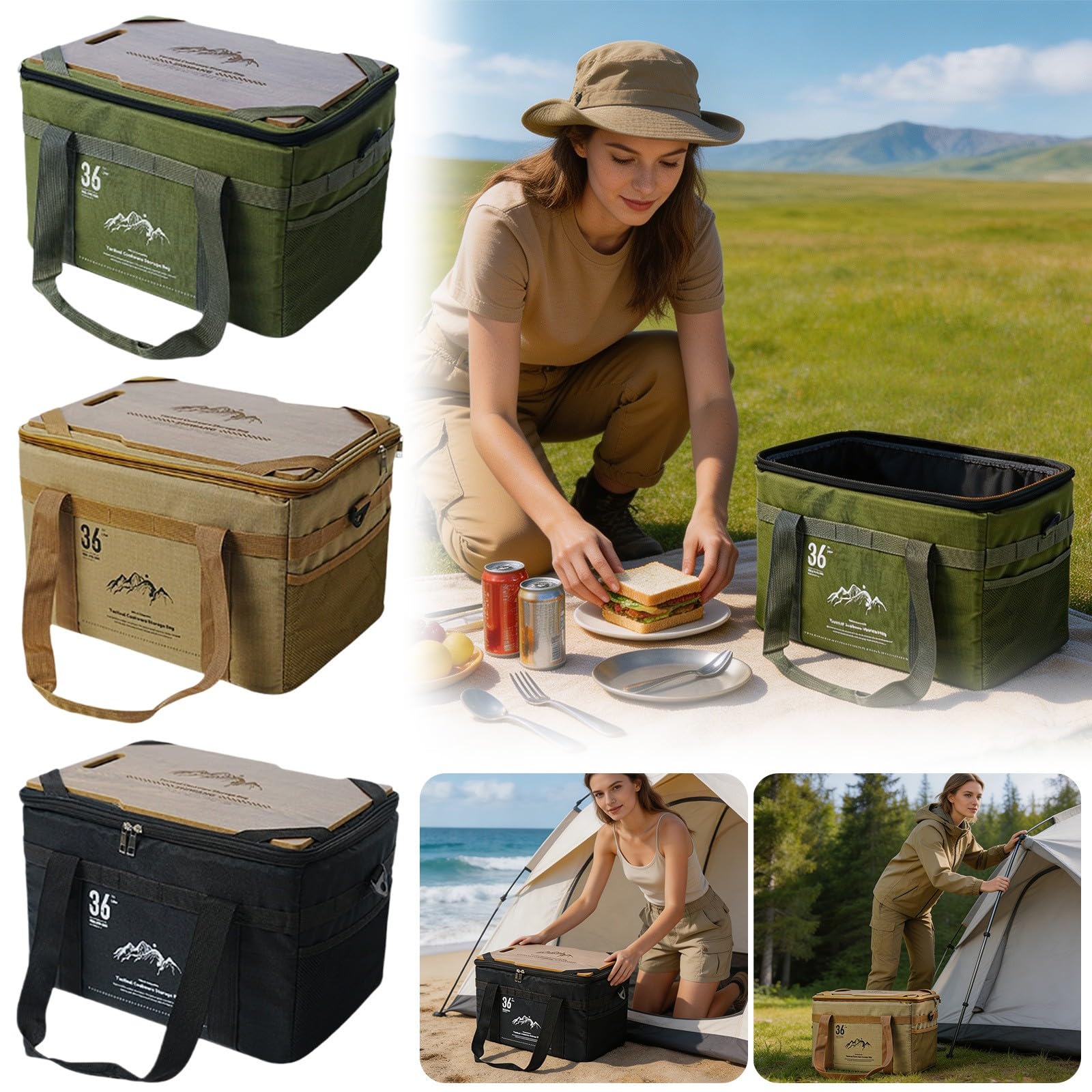 Borsa portaoggetti da campeggio con coperchio in legno, organizer impermeabile di grande capacità per pentole, attrezzature, picnic, barbecue, escursionismo, soluzione portatile