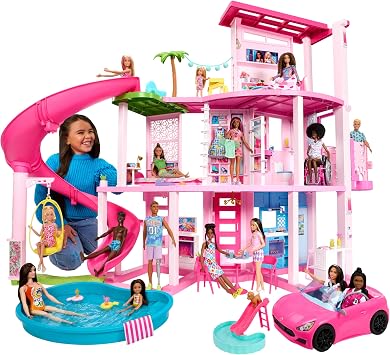 Barbie Dreamhouse, Pool Party Doll House with 75+ Pieces and 3-Story Slide, House Playset, Pet Elevator and Puppy Play Areas