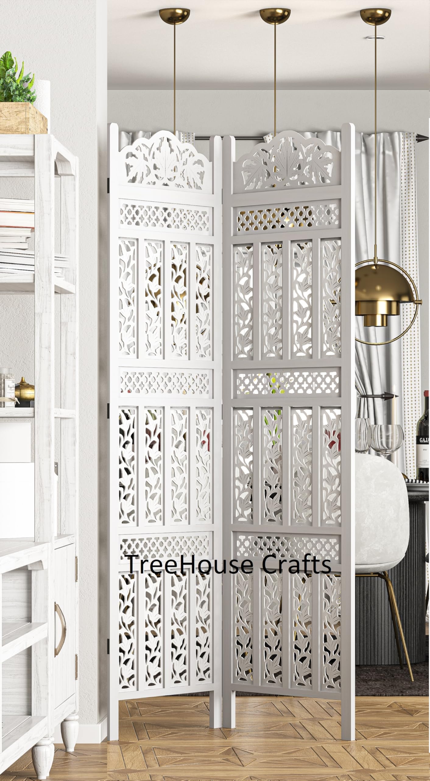 TreeHouse Crafts 2 Panel Handcrafted 6 Feet Wooden MDF Room Partition & Room Divider (White) Solid Wood Decorative Screen Partition (Floor Standing, Finish Color - White, Pre-Assembled)