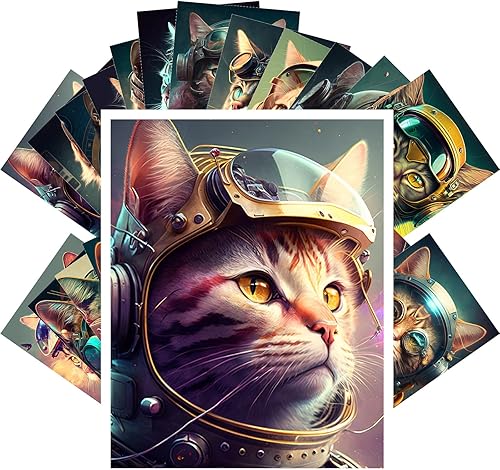 PIXILUV Postales vintage (24 piezas de 4 x 6 pulgadas cada una) Retratos de gatos de ciencia ficción futuristas, postales vintage, ilustraciones de