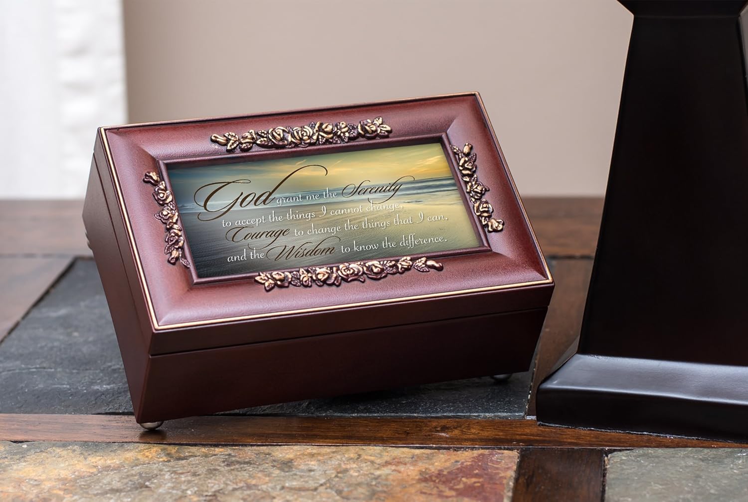 Cottage Garden Serenity Prayer Ocean Embossed Waves Petite Rosewood Jewelry Music Box Plays Canon in D
